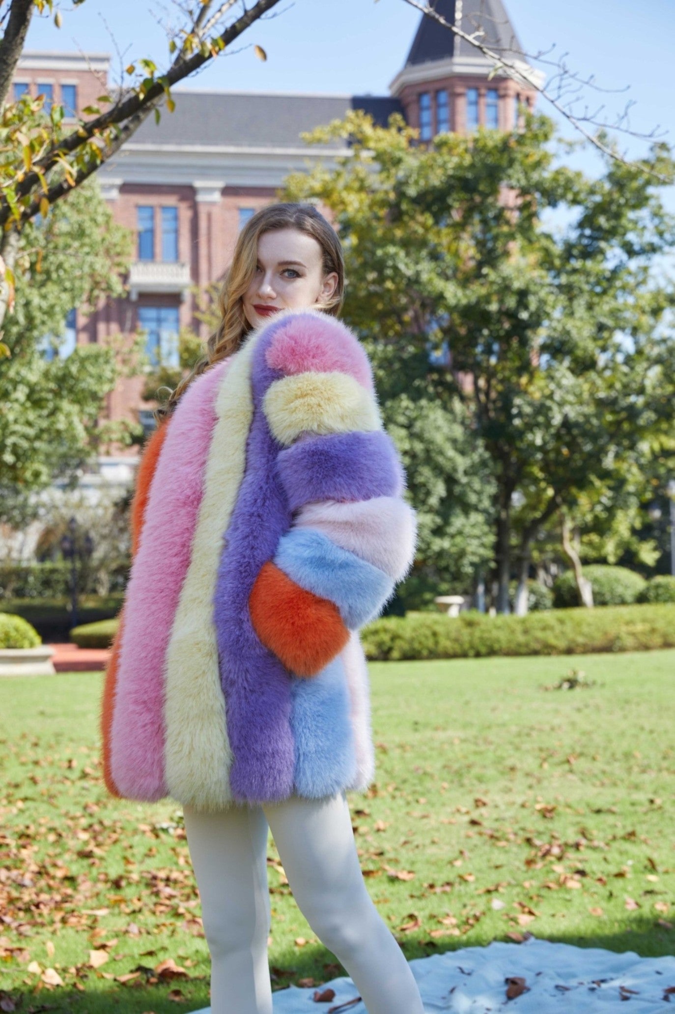New Women's Vertical Stripe Long Faux Fox Fur Coat Eco Fur Coat - Janefur