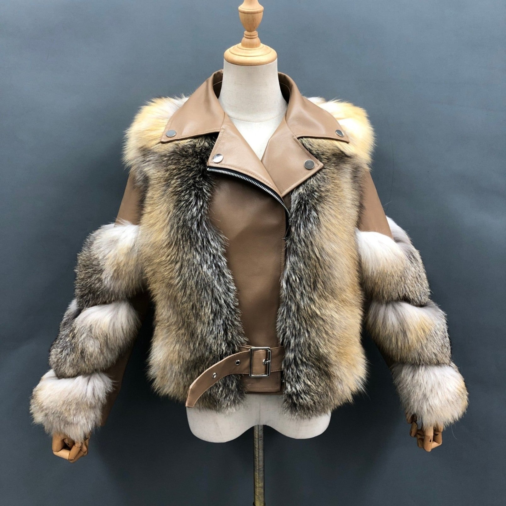 Women's Fall and Winter Fashion Leather Collar Fox Fur Parka - Janefur