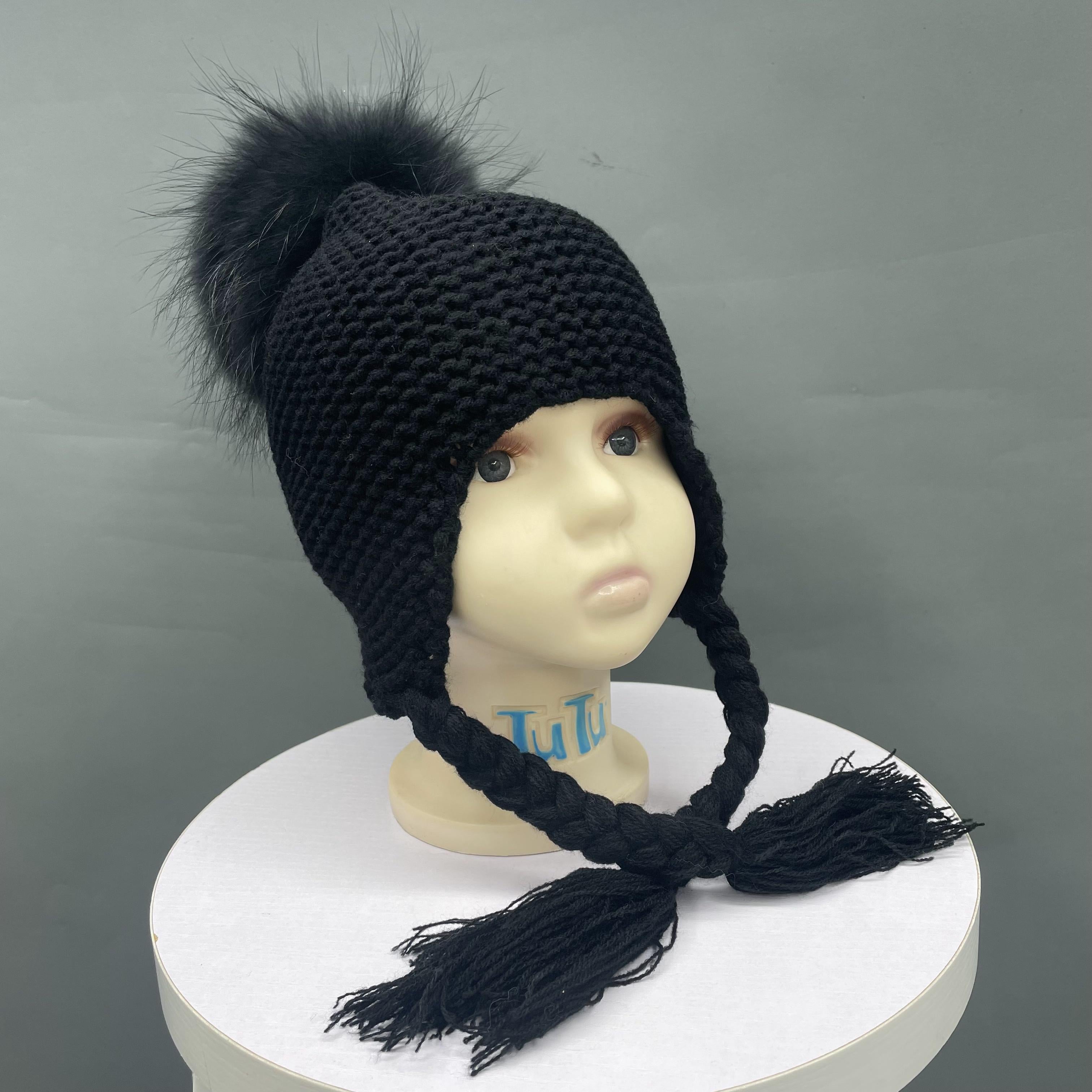 Children's Fashion Knitted Big Braid Raccoon Fur Pom Pom Hat - Janefur