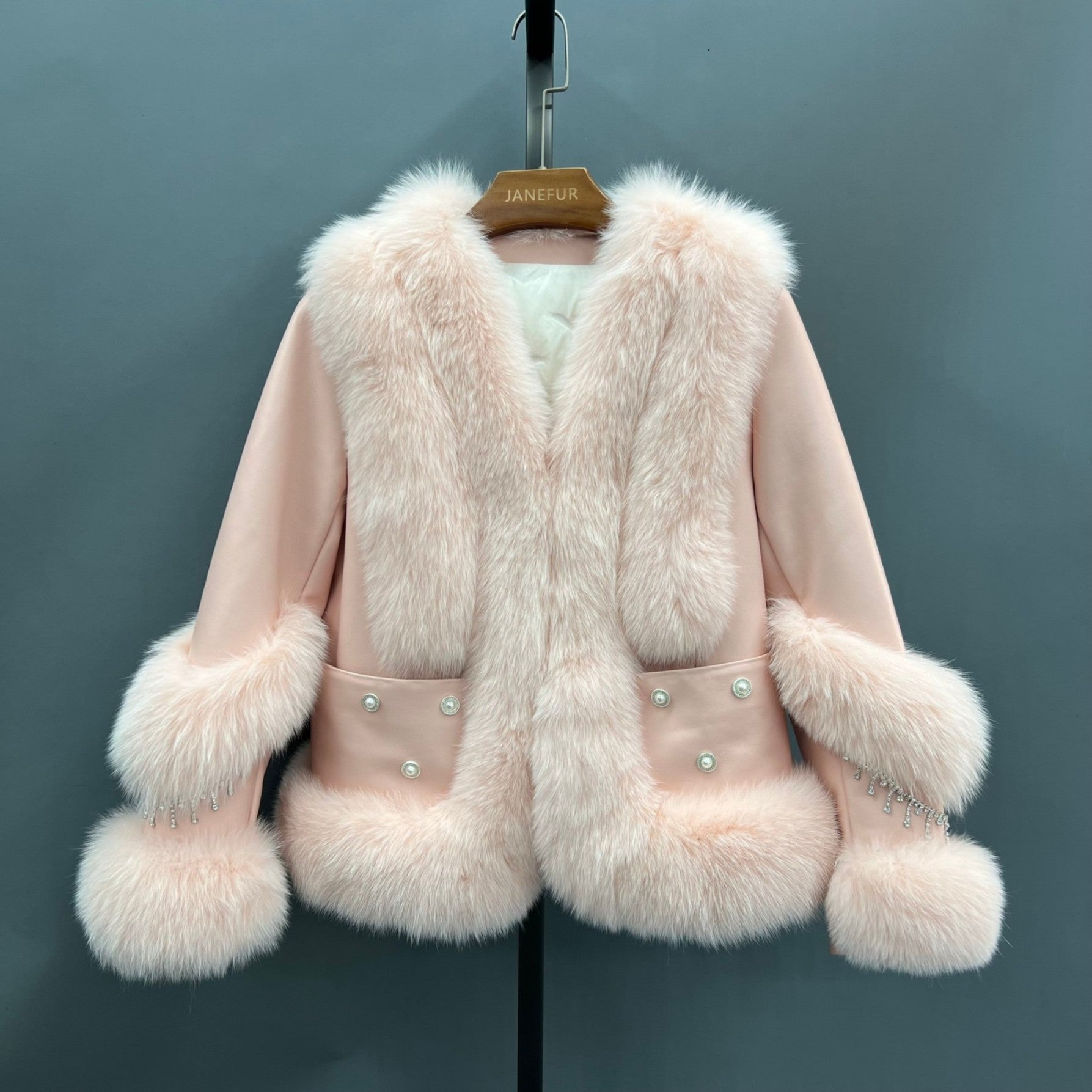 Women's Fox Fur Placket Down Jacket With Pearl Embellished Pockets - Janefur