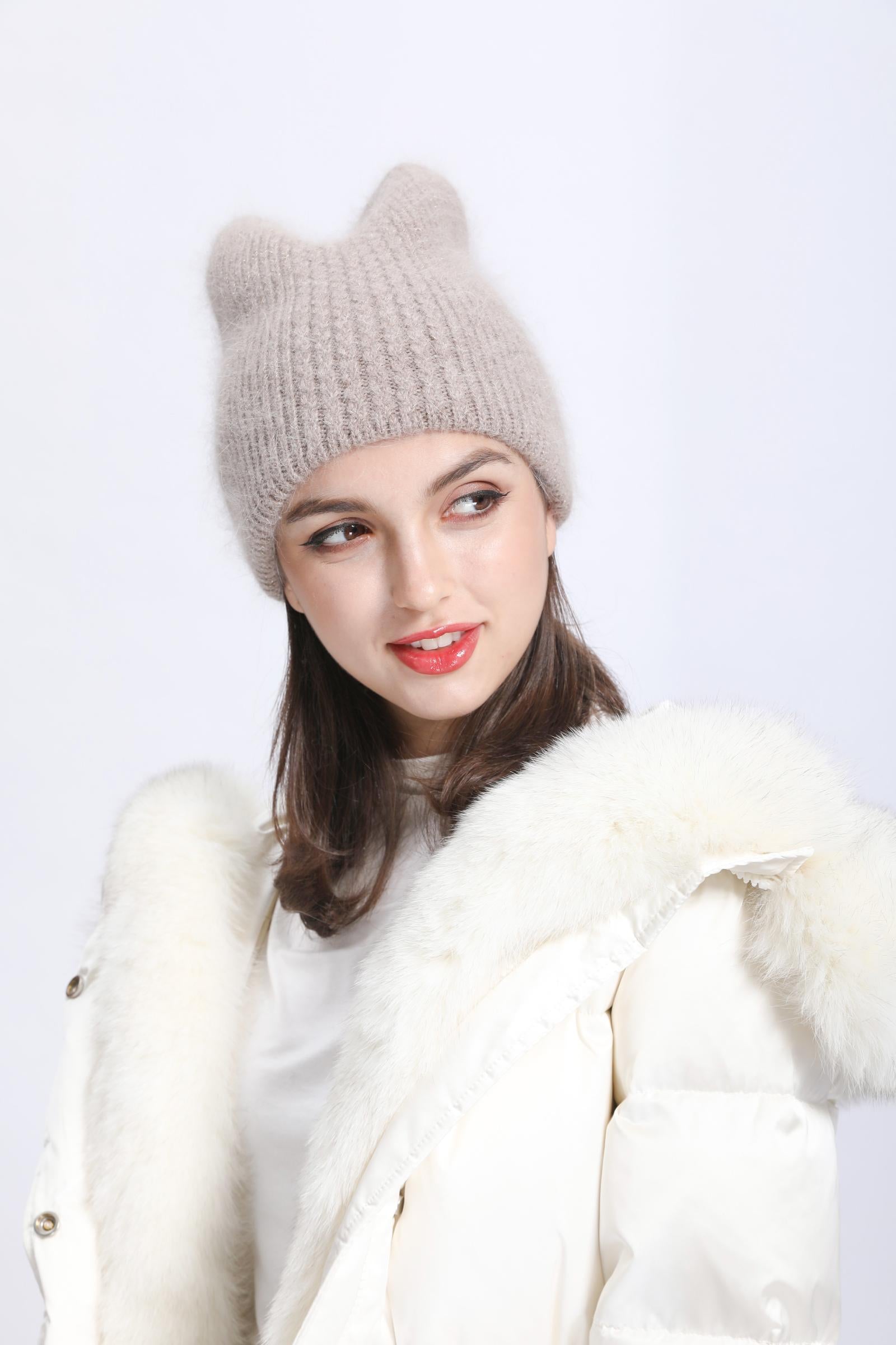 Women Cat Ears Double Layer Knitted Beanie Hat - Janefur