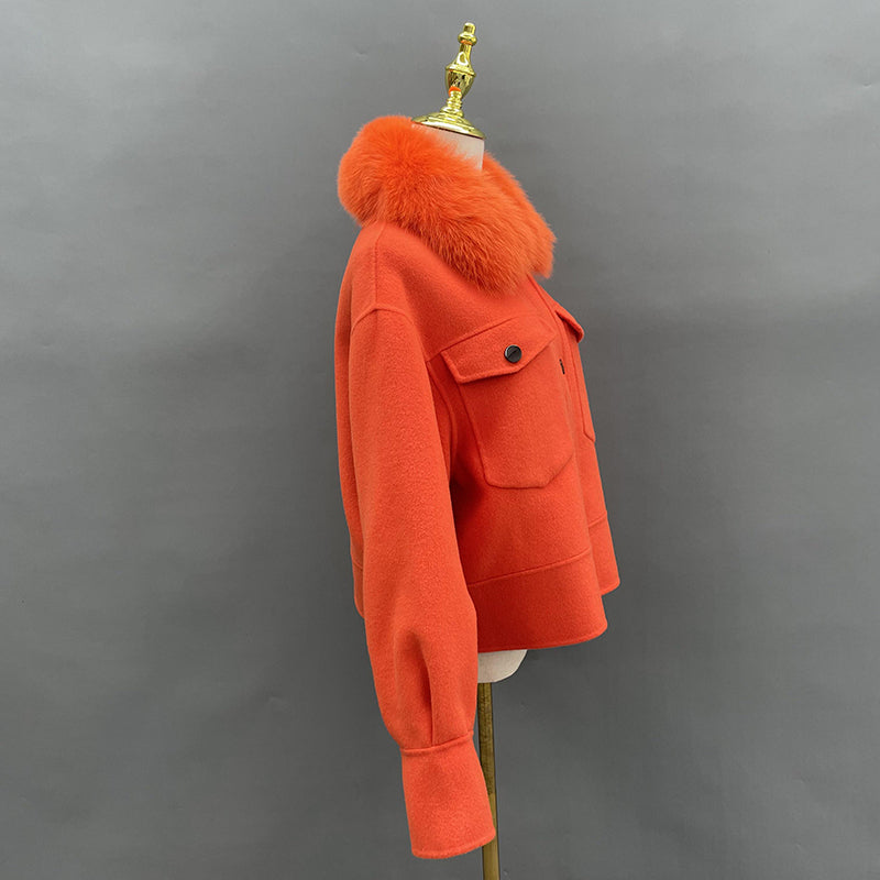 Women's Short Fox Fur Lapel Buckle Fly Casual Cashmere Jacket - Janefur