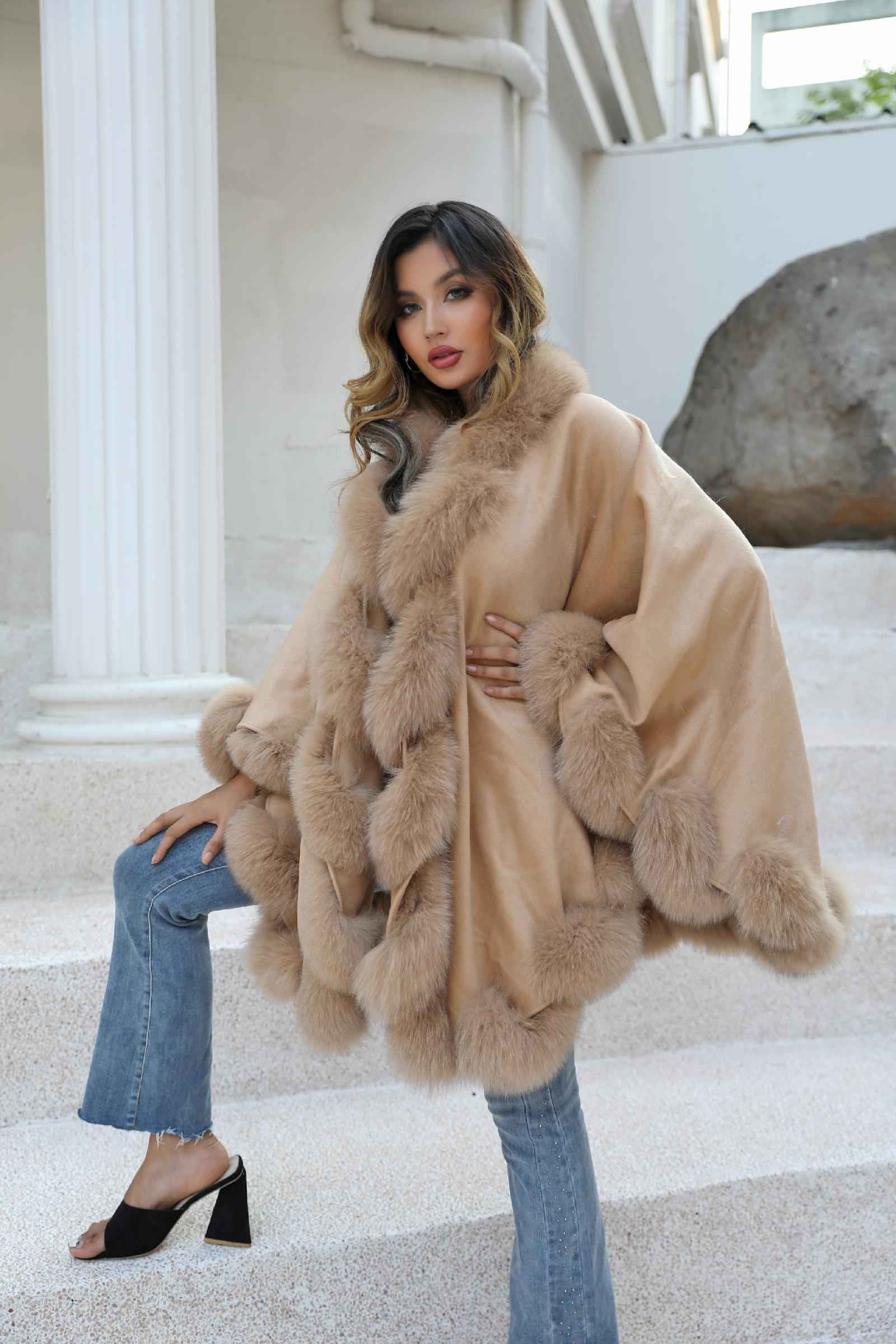 Full Wool Cashmere Cape with Real Fox Fur Fashionable Luxurious Soft Shawl for Women's Coat - Janefur