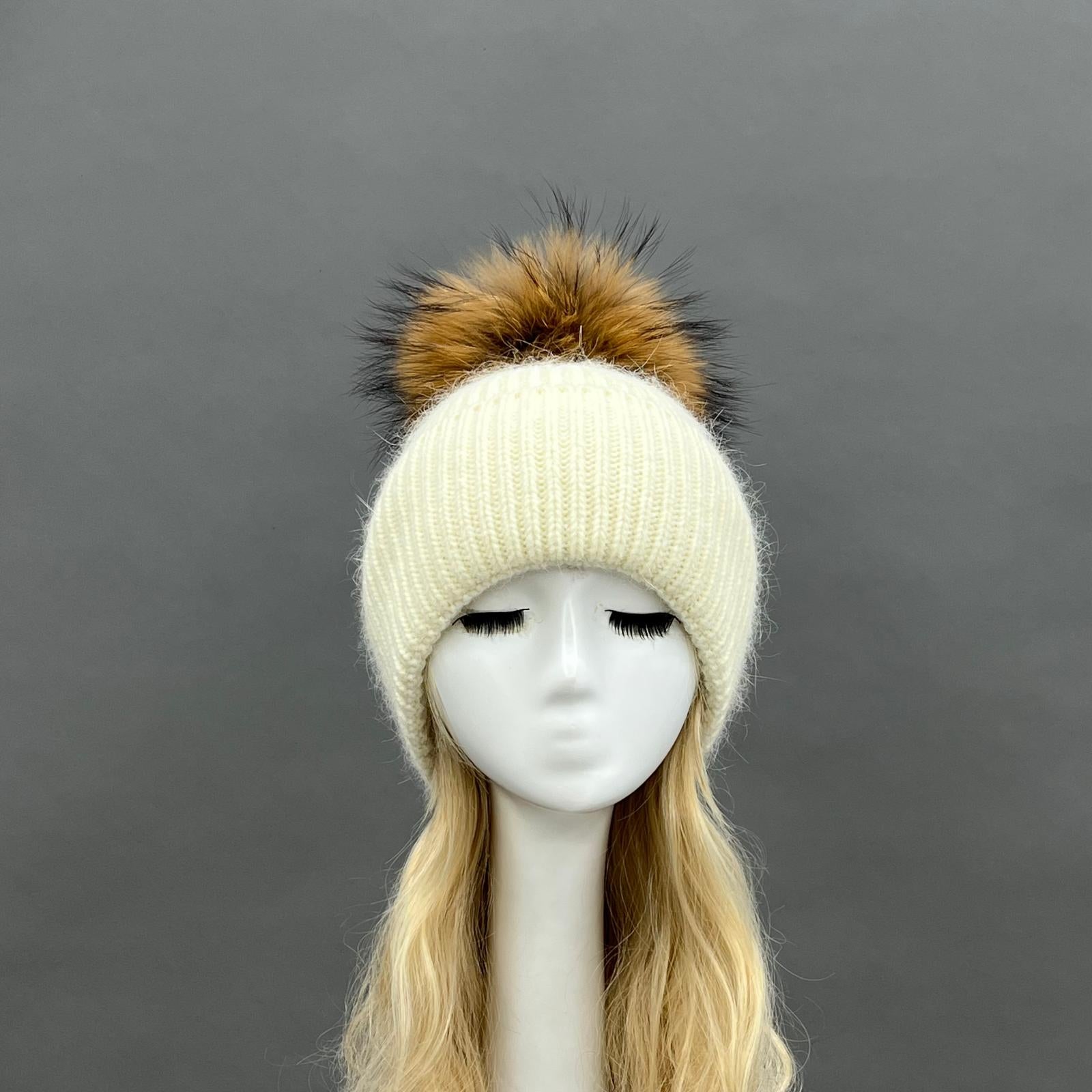 Women's Fashion Thin Striped Rabbit Fur Pom Pom Hat - Janefur