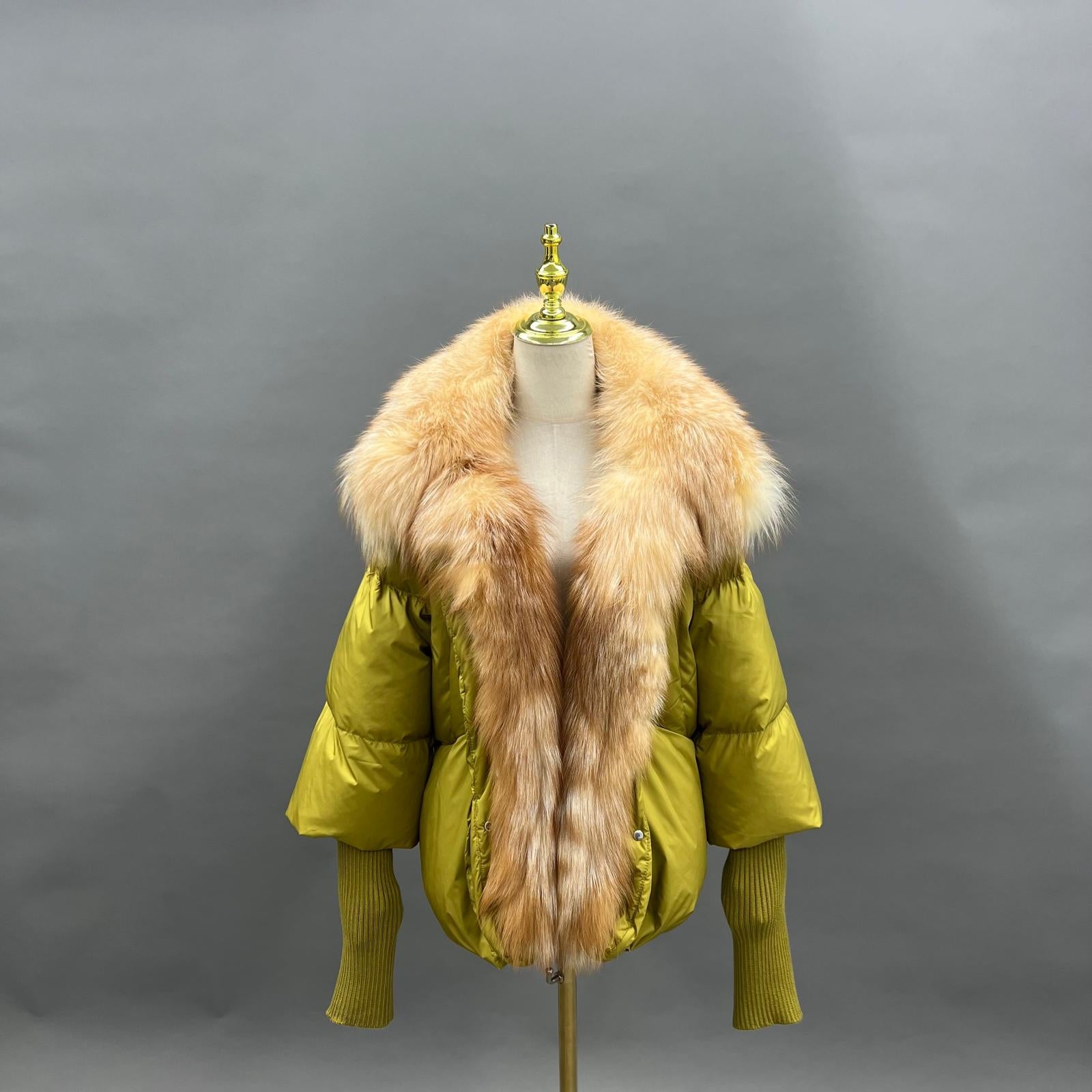 Goose Down Knitted Cuff Collar Large Lapel Women's Designer Down Jacket - Janefur