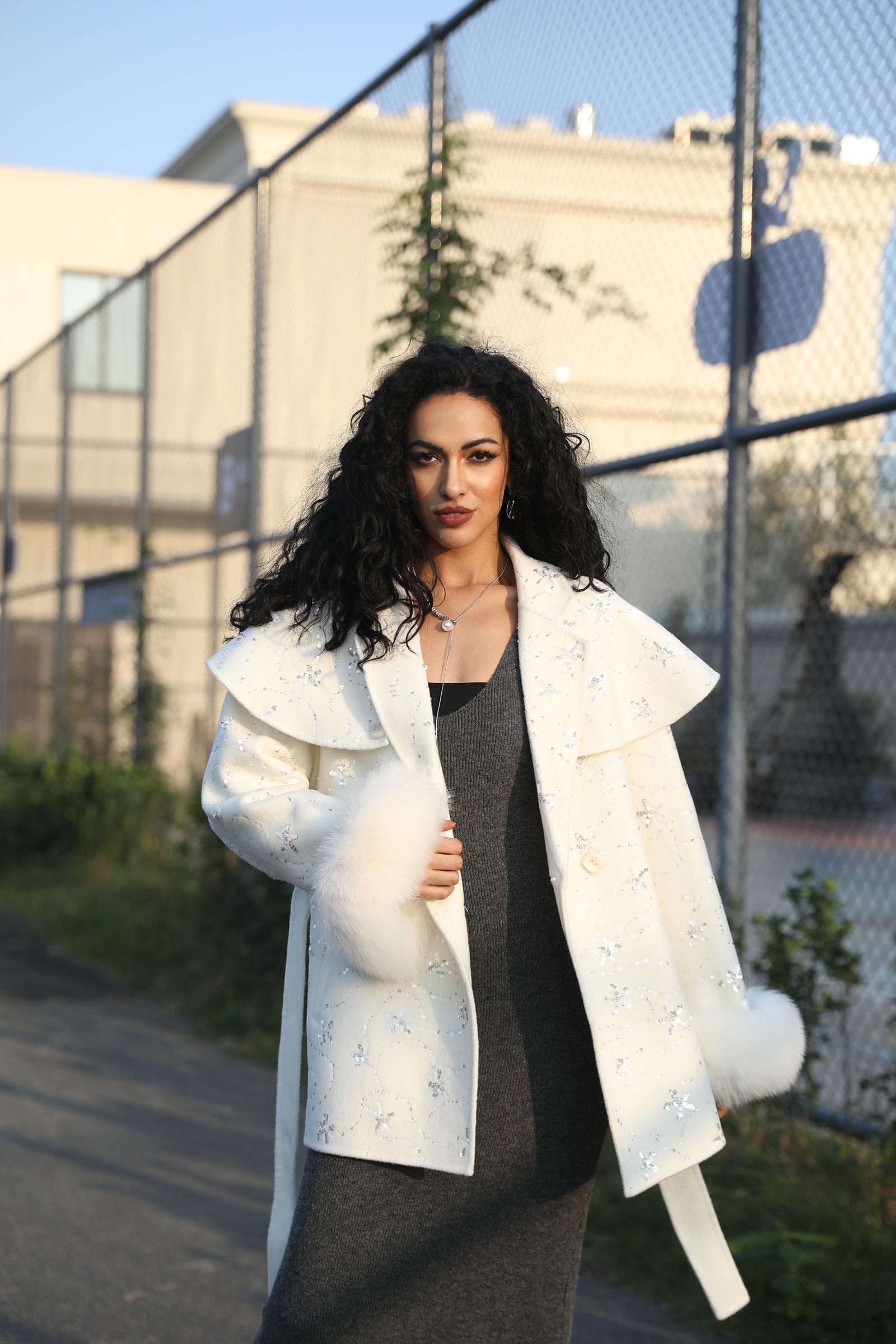 Double -faced Cashmere Outer Jacket for Women, Trendy Sequined Sash Double -faced Wool Coat - Janefur