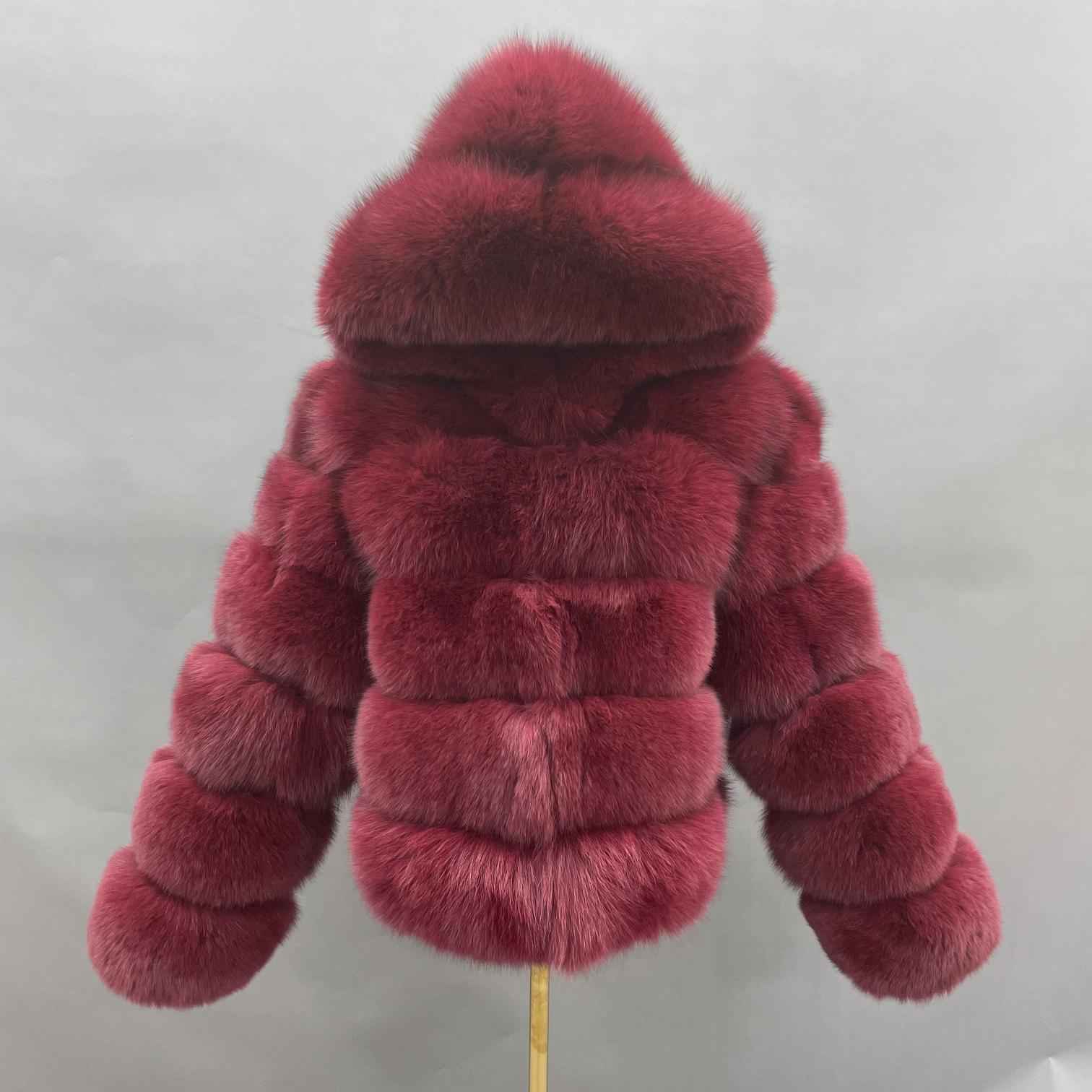 Women's Short Winter Trend Real Fox Fur Coat Solid Color Hooded - Janefur