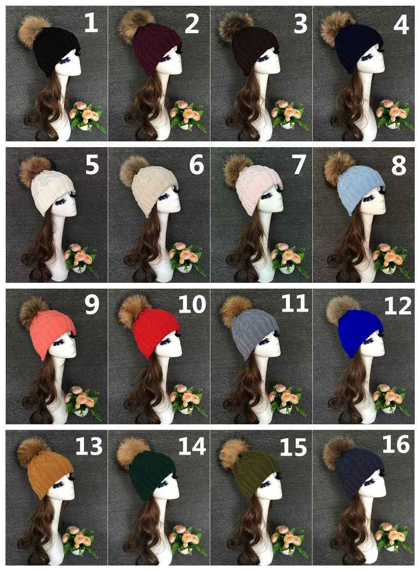 Women's Black Knit Beanie with Raccoon Fur Pom Pom – Winter Hat for Cold Weather, Warm and Stylish Snow Cap