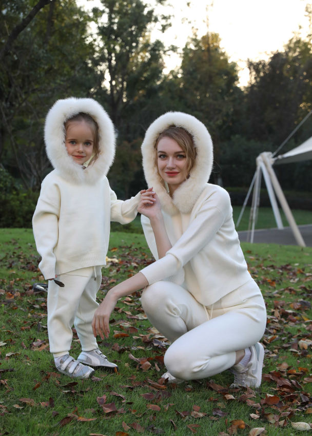 Matching Parent-Child Knit Sets with Fox Fur Collar - Janefur