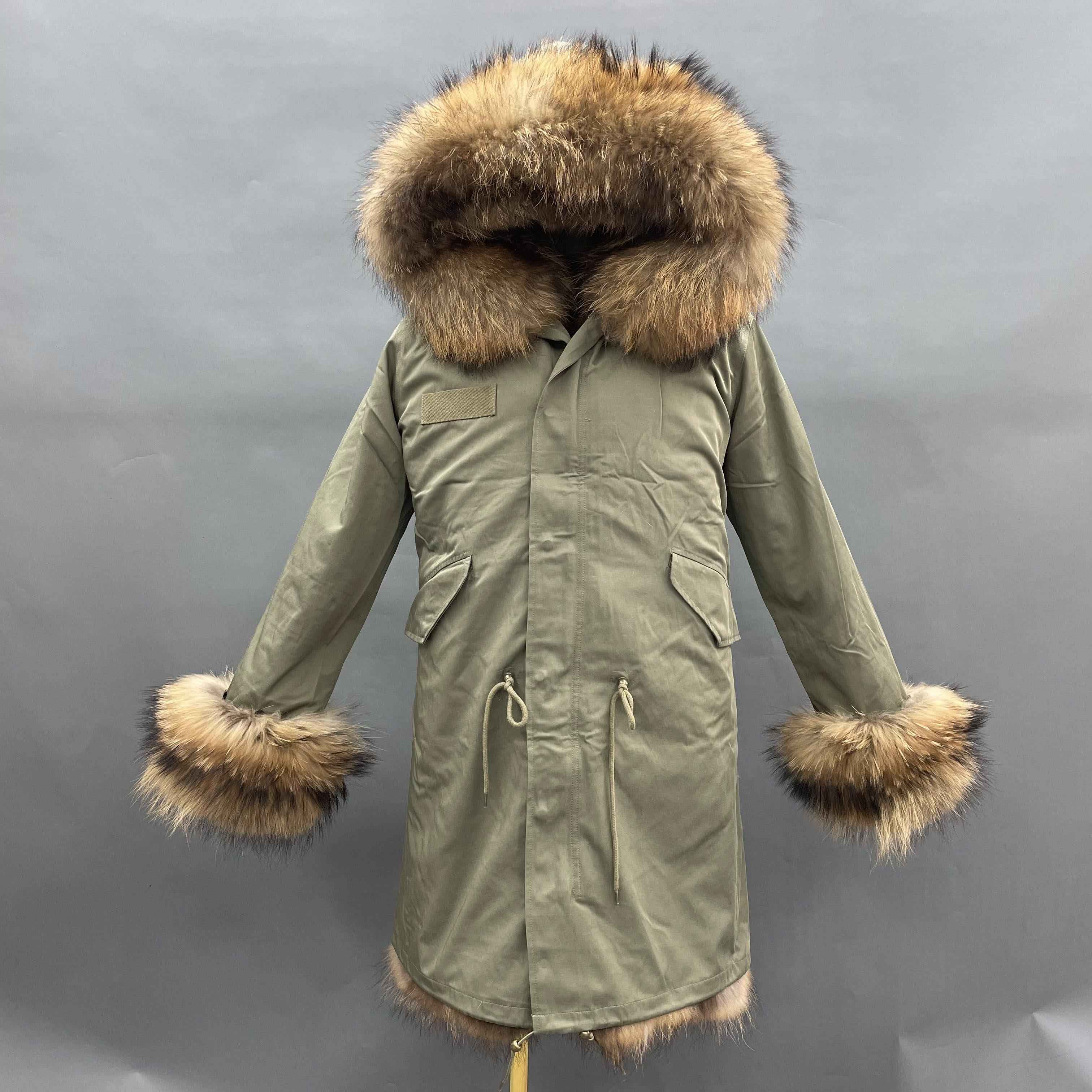 Women's Olive Green Parka with Full Raccoon Fur Lining – Luxury Winter Coat with Real Fur Hood & Cuffs, Warm Arctic Outerwear