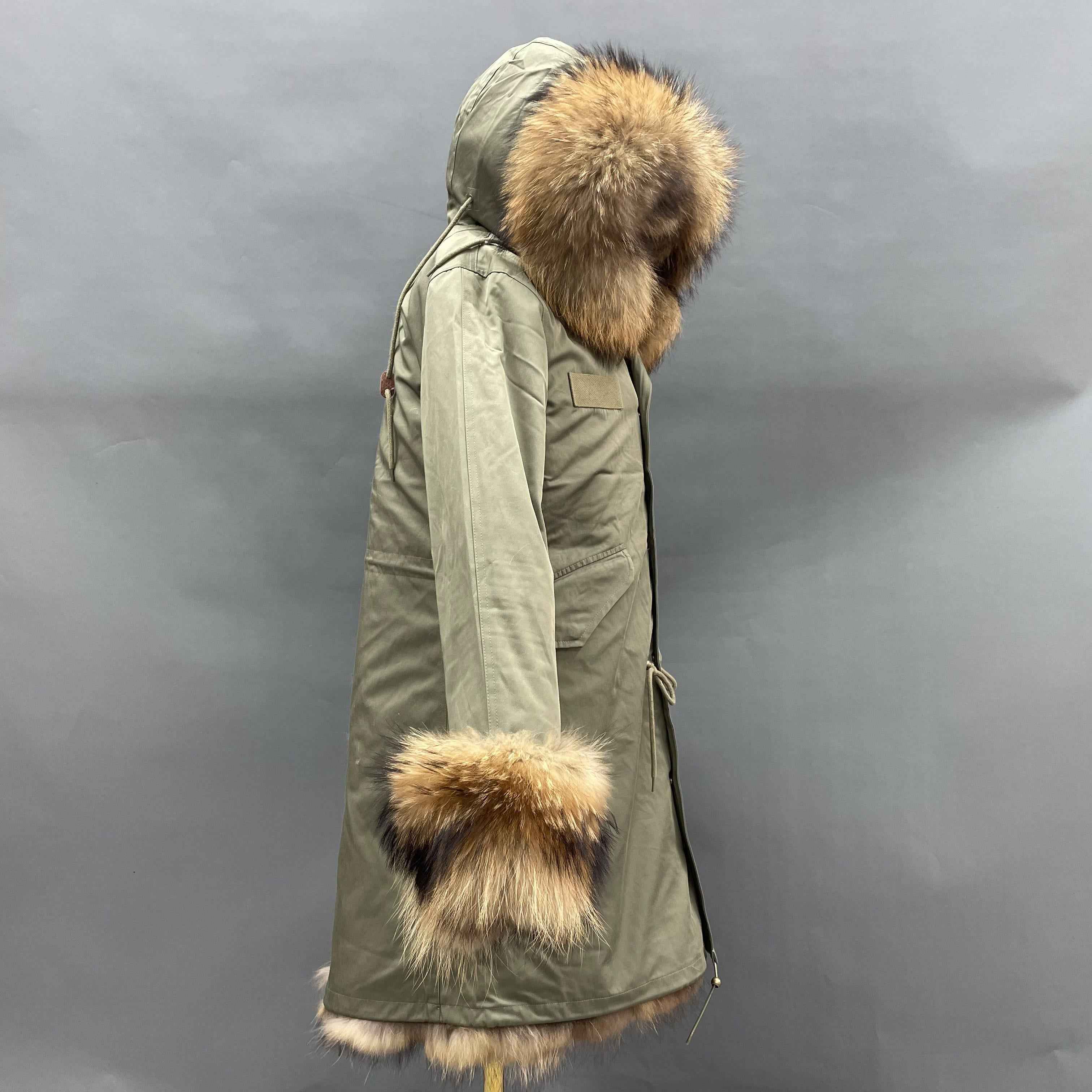 Women's Olive Green Parka with Full Raccoon Fur Lining – Luxury Winter Coat with Real Fur Hood & Cuffs, Warm Arctic Outerwear