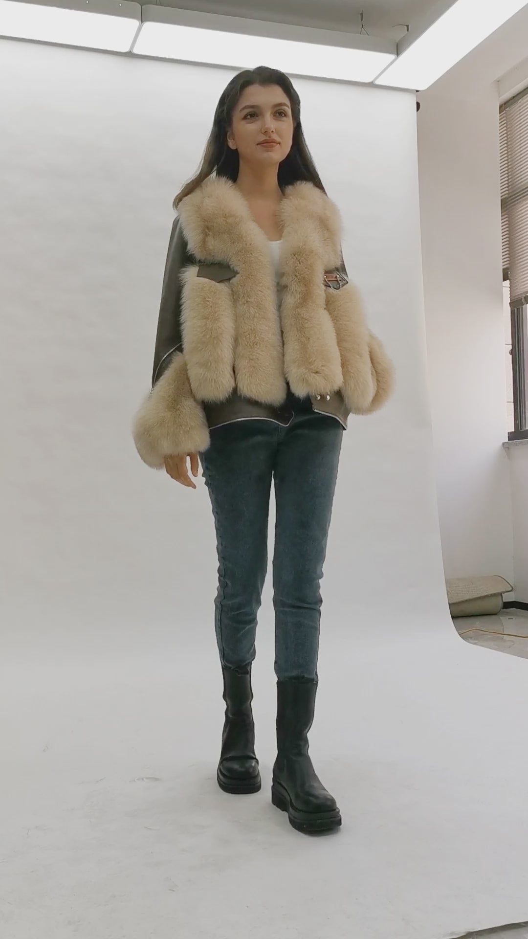 Fashion Design Zipper Women's Real Fox Fur Spliced Sheepskin Luxury Coat