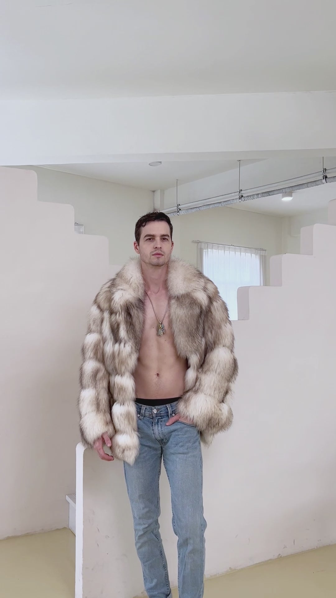 Stylish Design Loose Lapel Real Fox Fur Men's Luxury Coat