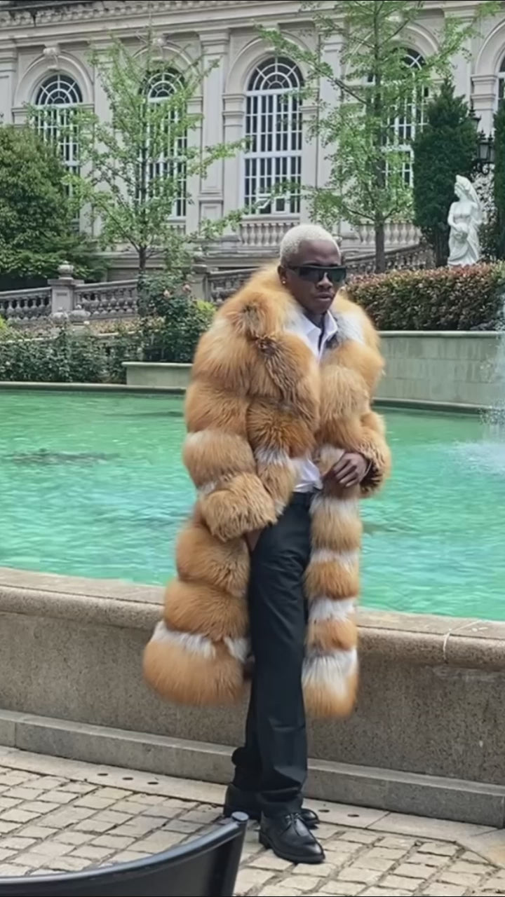 Winter Men's Long Fox Fur Coat Red Fox Warm Coat
