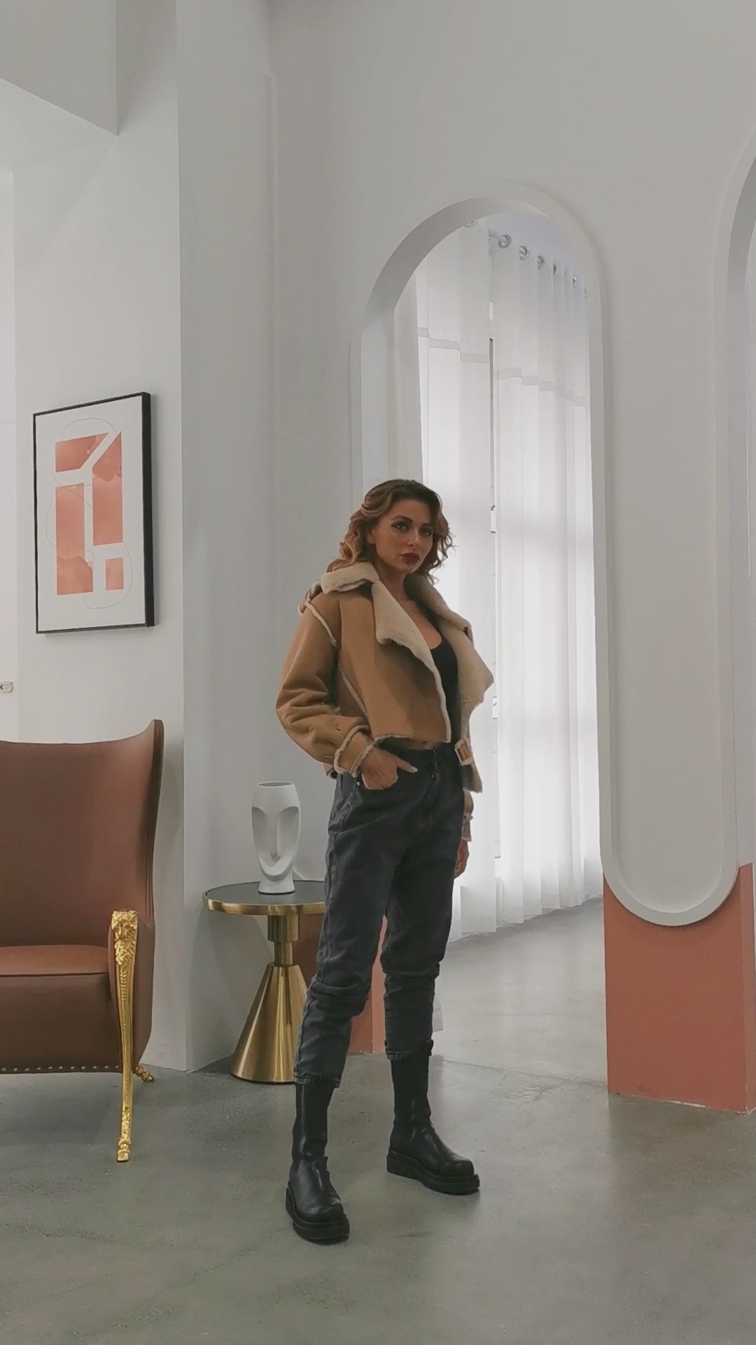 Lamb Fur Leather Jacket For Women With Lapel Pocket