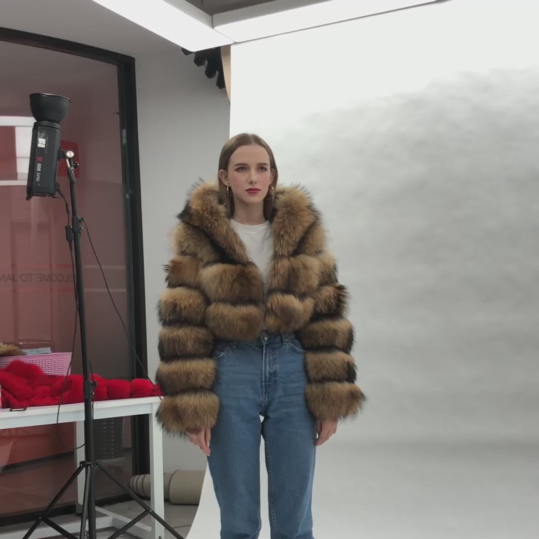 Fashion coat winter natural raccoon fur hooded short women's jacket
