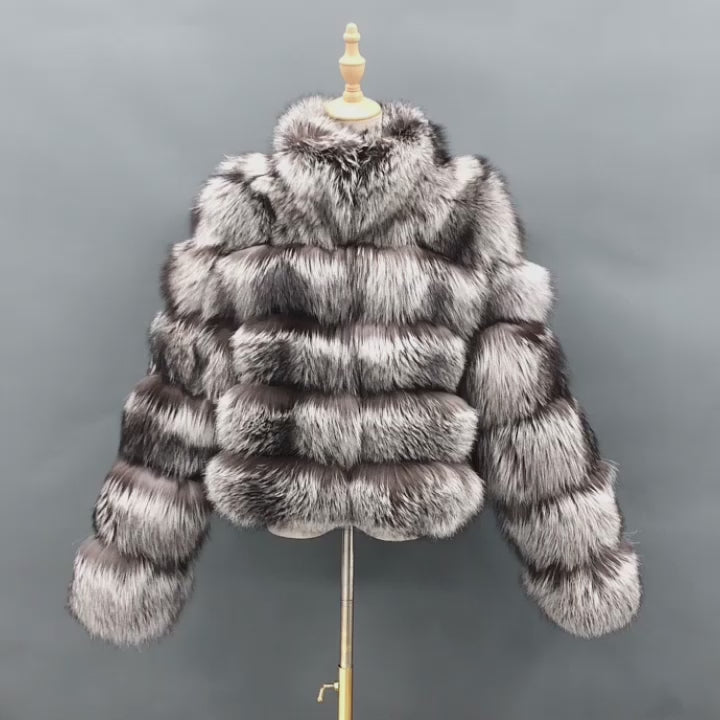 Vintage Silver Fox Fur Coat with Stand Collar, 5 - Panel Body and 6 - Panel Sleeves