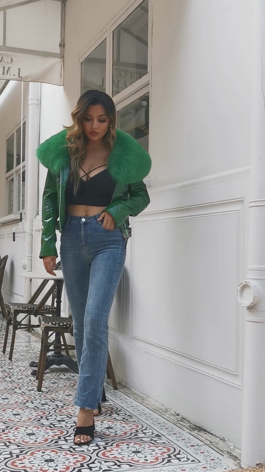 Women's Short Fox Fur Collar Bright Leather Coat