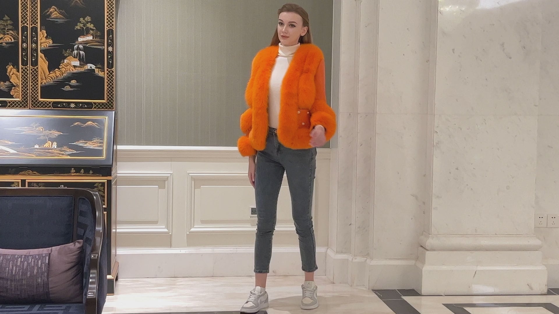 Women's Fox Fur Placket Down Jacket With Pearl Embellished Pockets