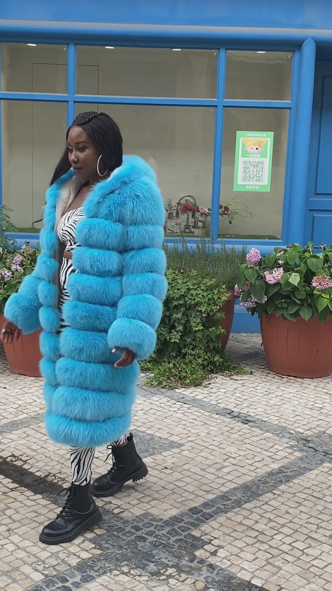 Long Blue Fox Hooded Fox Fur Coat