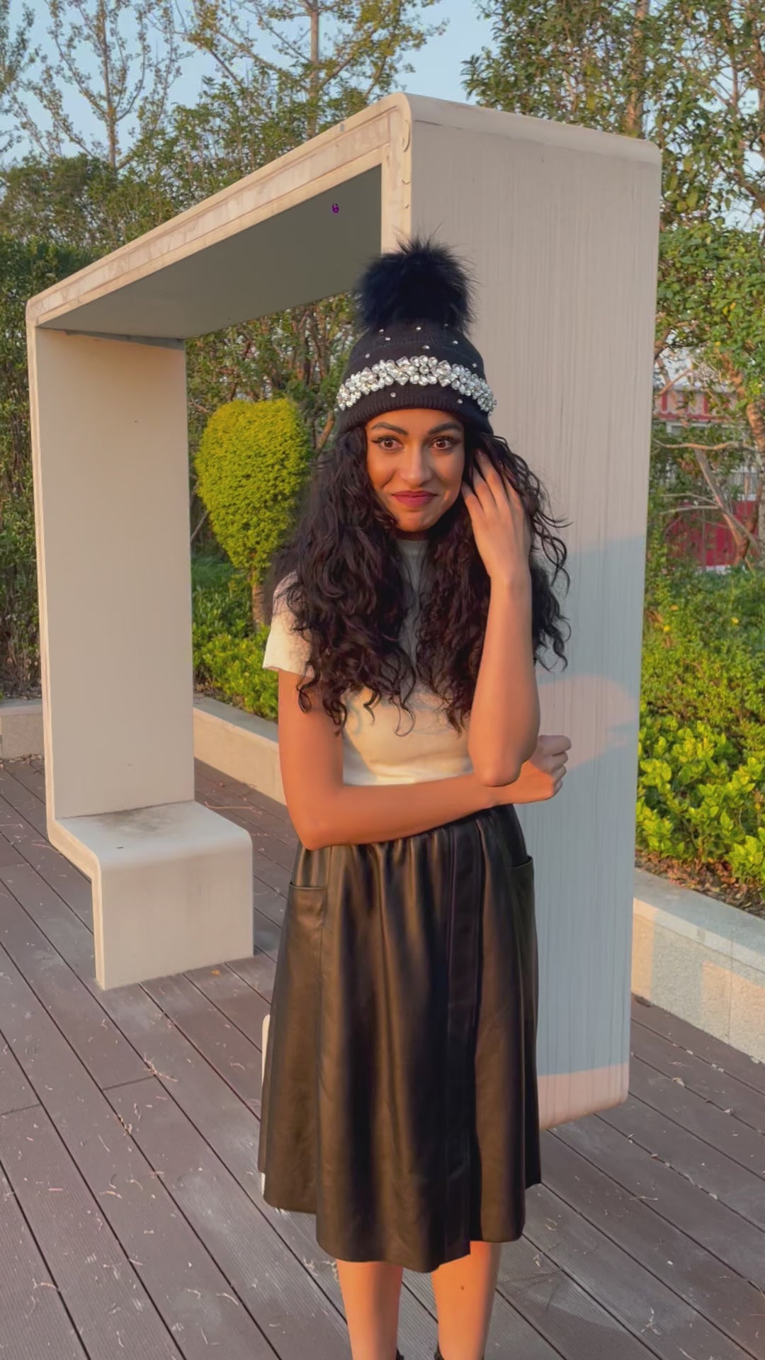 Women's Rabbit Fur Hat with Large Crystal-Studded Pompoms for Casual Wear