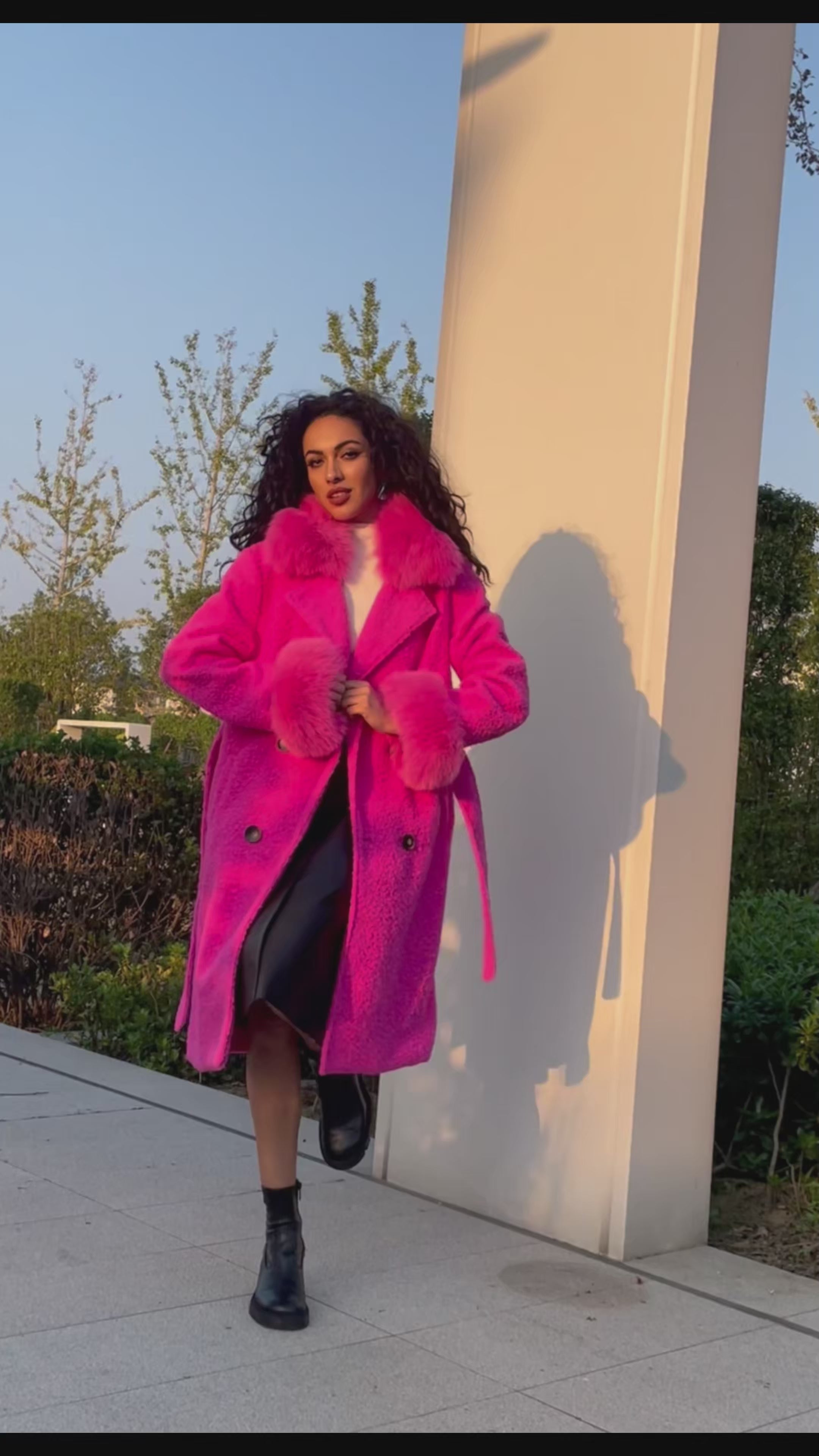 Women's Single - Faced Cashmere Coat with Faux Fur Collar and Cuffs, Belted Winter Outerwear