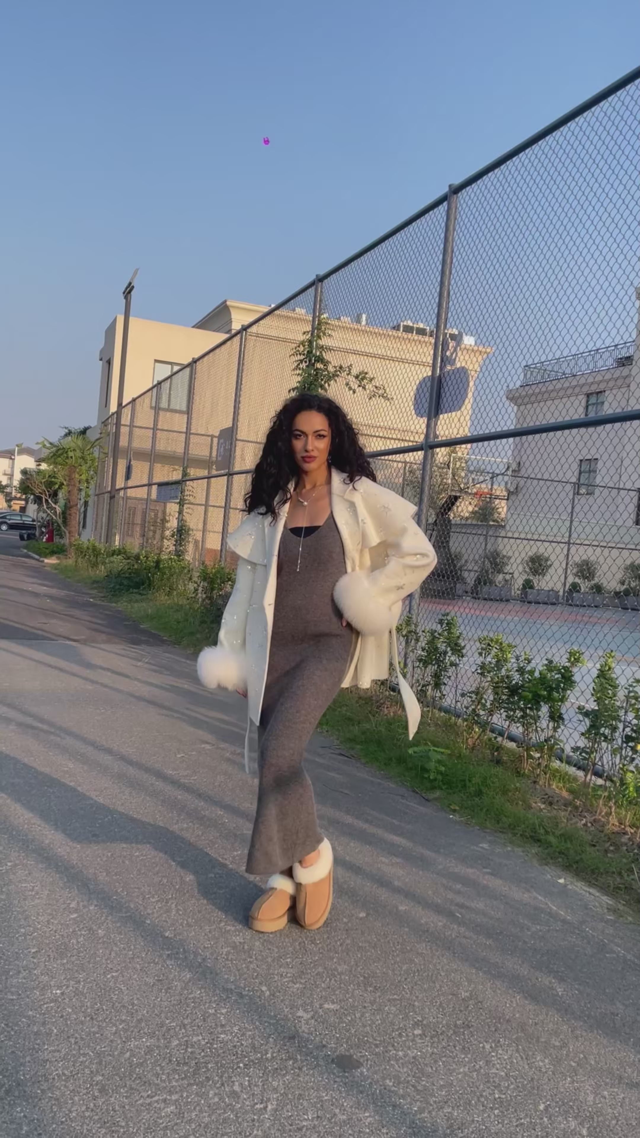 Women's Sequin Embellished Coat with Fox Fur Cuffs, Cape - Like Overlay & Self - Tie Belt, Elegant Winter Outerwear