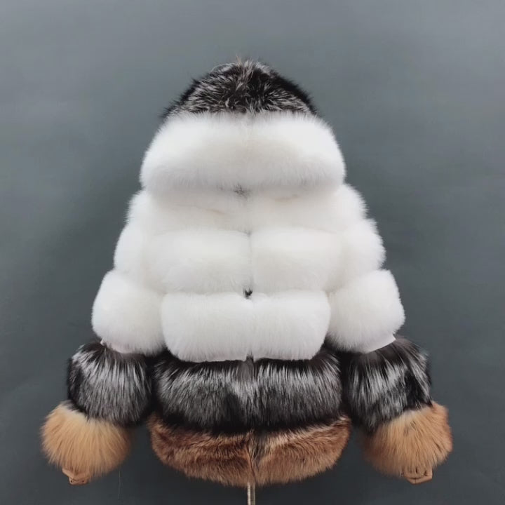 Women's Short Winter Trend Real Fox Fur Coat Solid Color Hooded