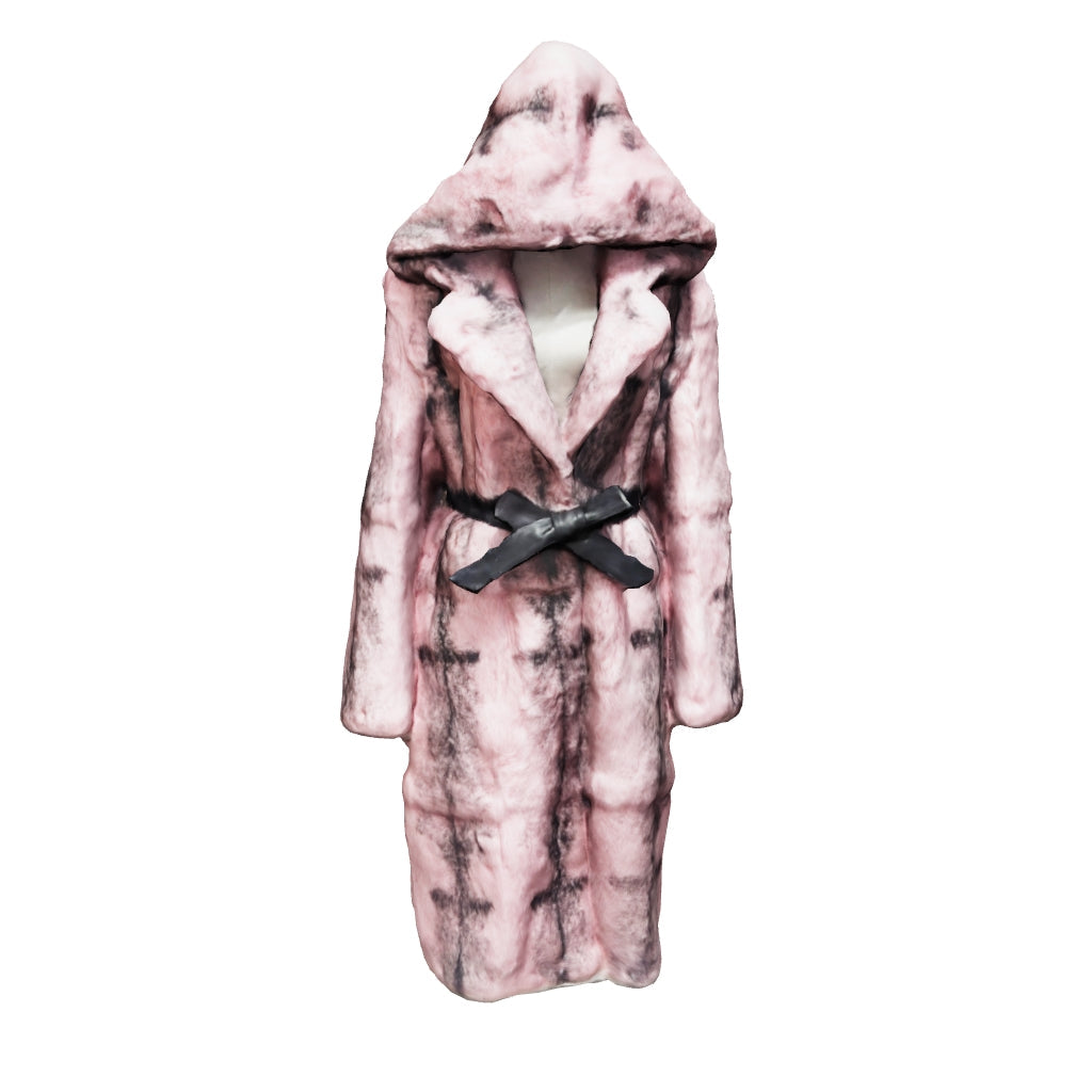 Luxury Pink Rabbit Fur Coat with Hood and Notched Lapel – Long Women’s Winter Fur Jacket with Belt