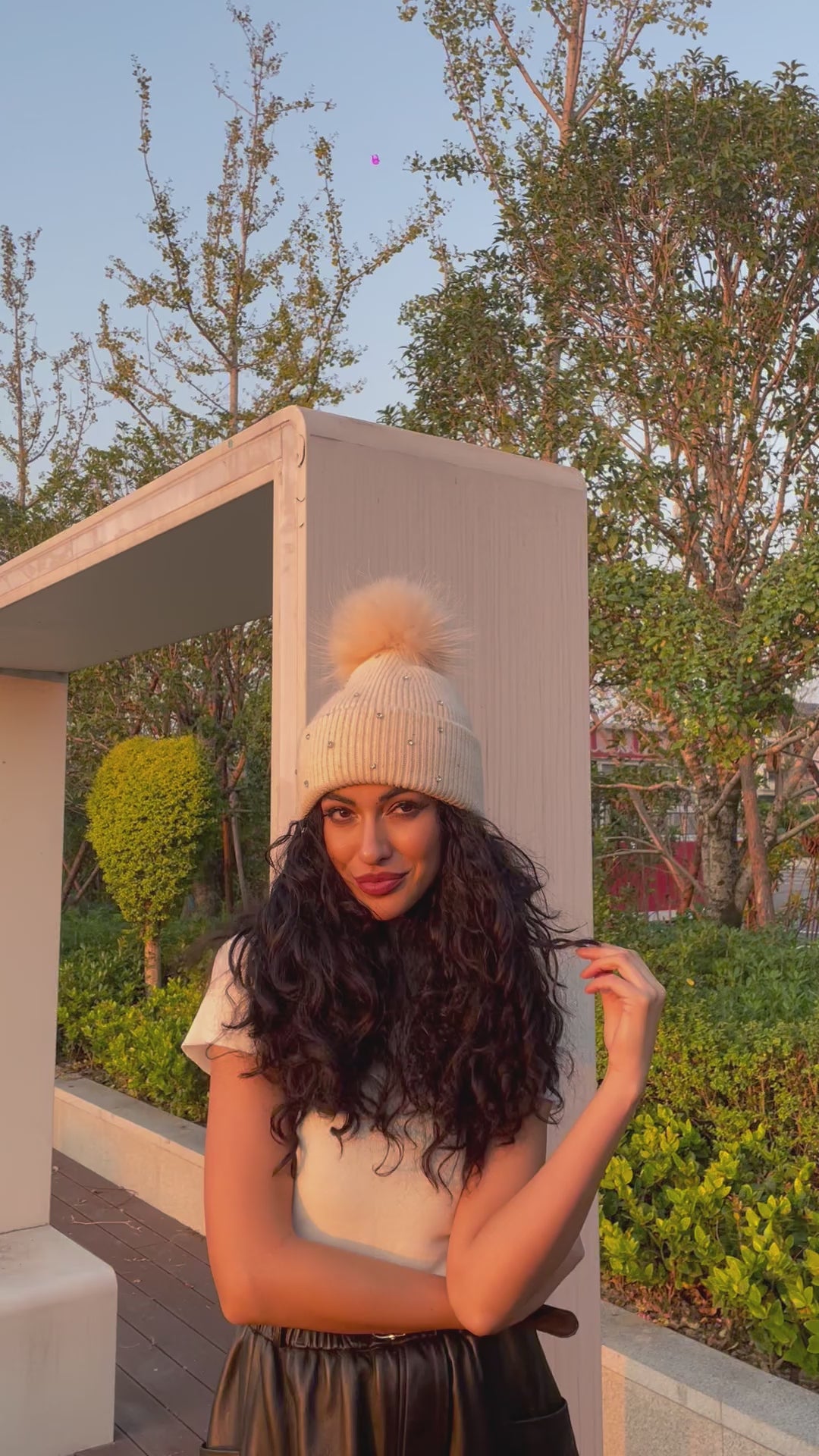 Women's Warm and Casual Rabbit Fur Hat with Sparkling Fur Pompoms
