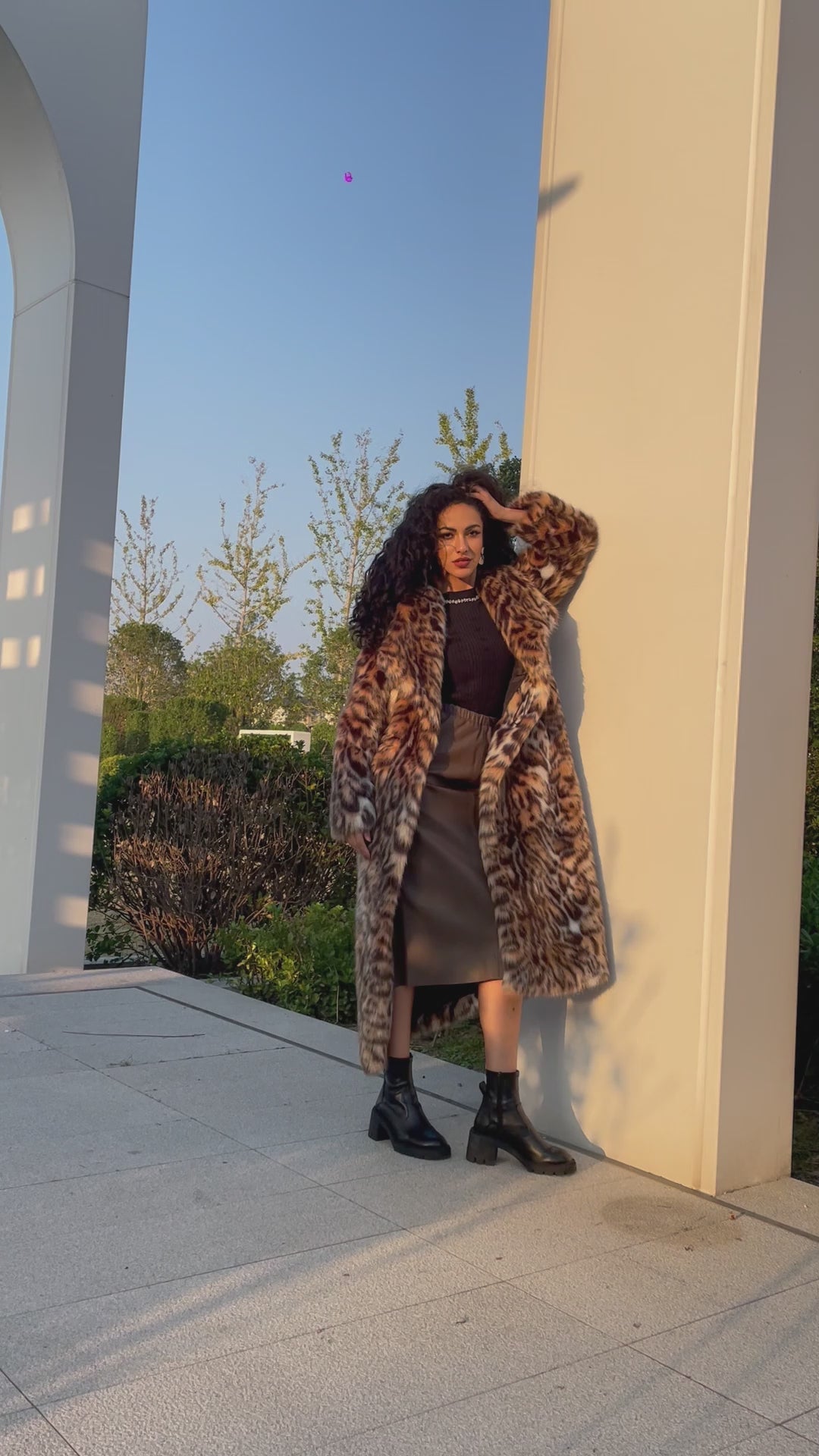 Eco-Friendly Faux Fur Coat Women's New Style Mandarin Collar Leopard Pattern Long Jacket