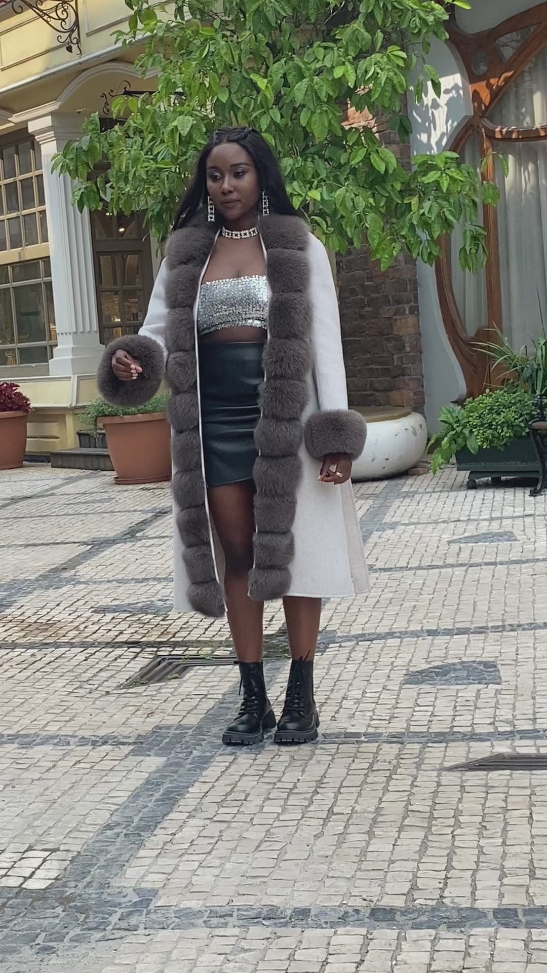 Segmented Fox Fur Front Wool Coat with Fur Cuffs