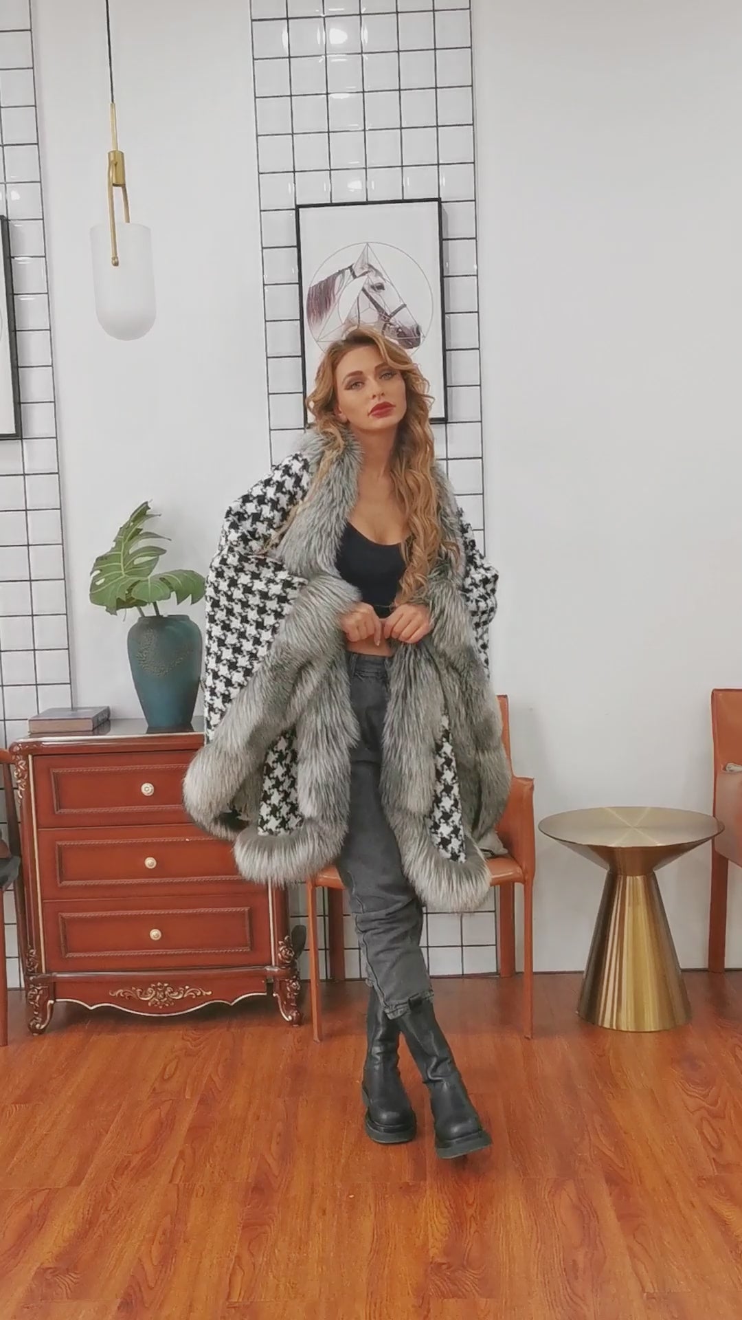 Houndstooth Fox Fur Trimmed Cape