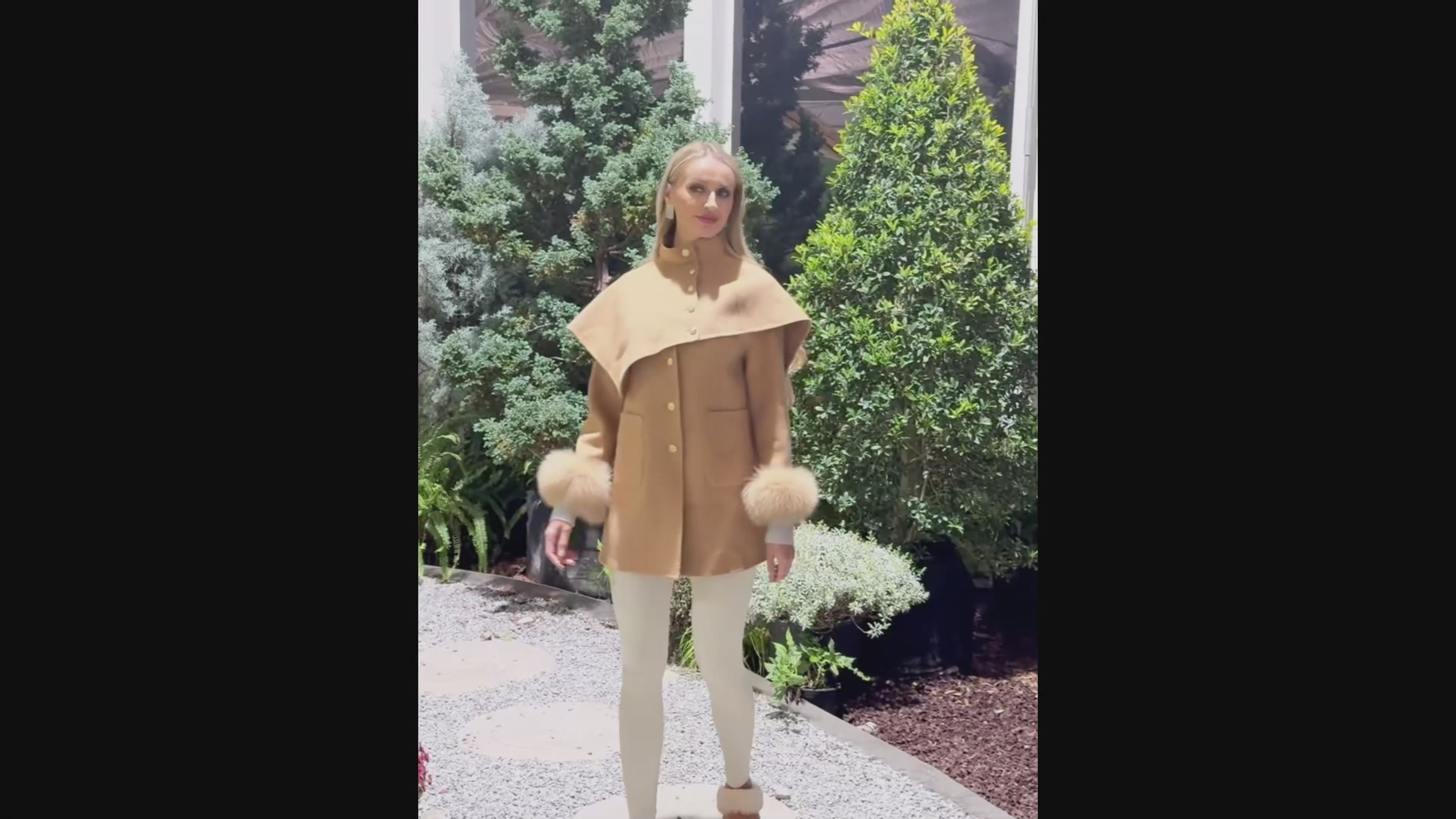 Women’s Camel Double-Faced Wool Cape Coat – Mid-Length Asymmetric Buttoned Winter Jacket for Elegant Fashion