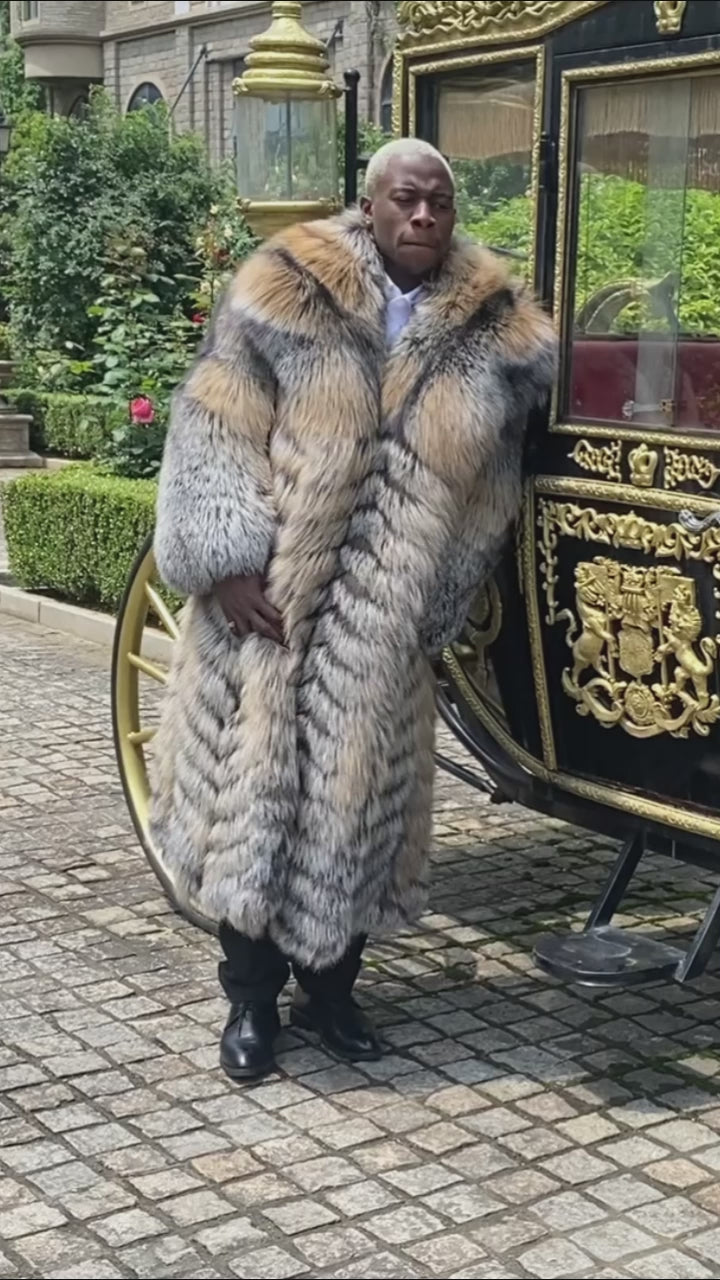 Men's Long Coat with a Golden Island Fox Fur Collar and Buttoned Front