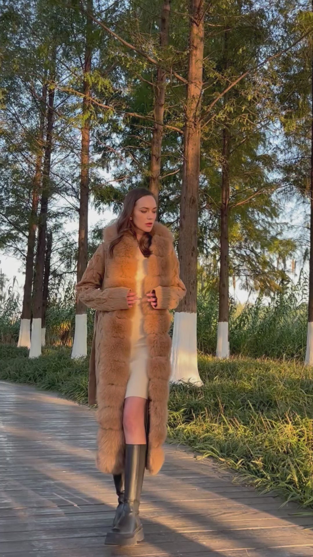 Women's Winter Fox Fur Lapel Hooded Knit Wool Fashion Long Coat