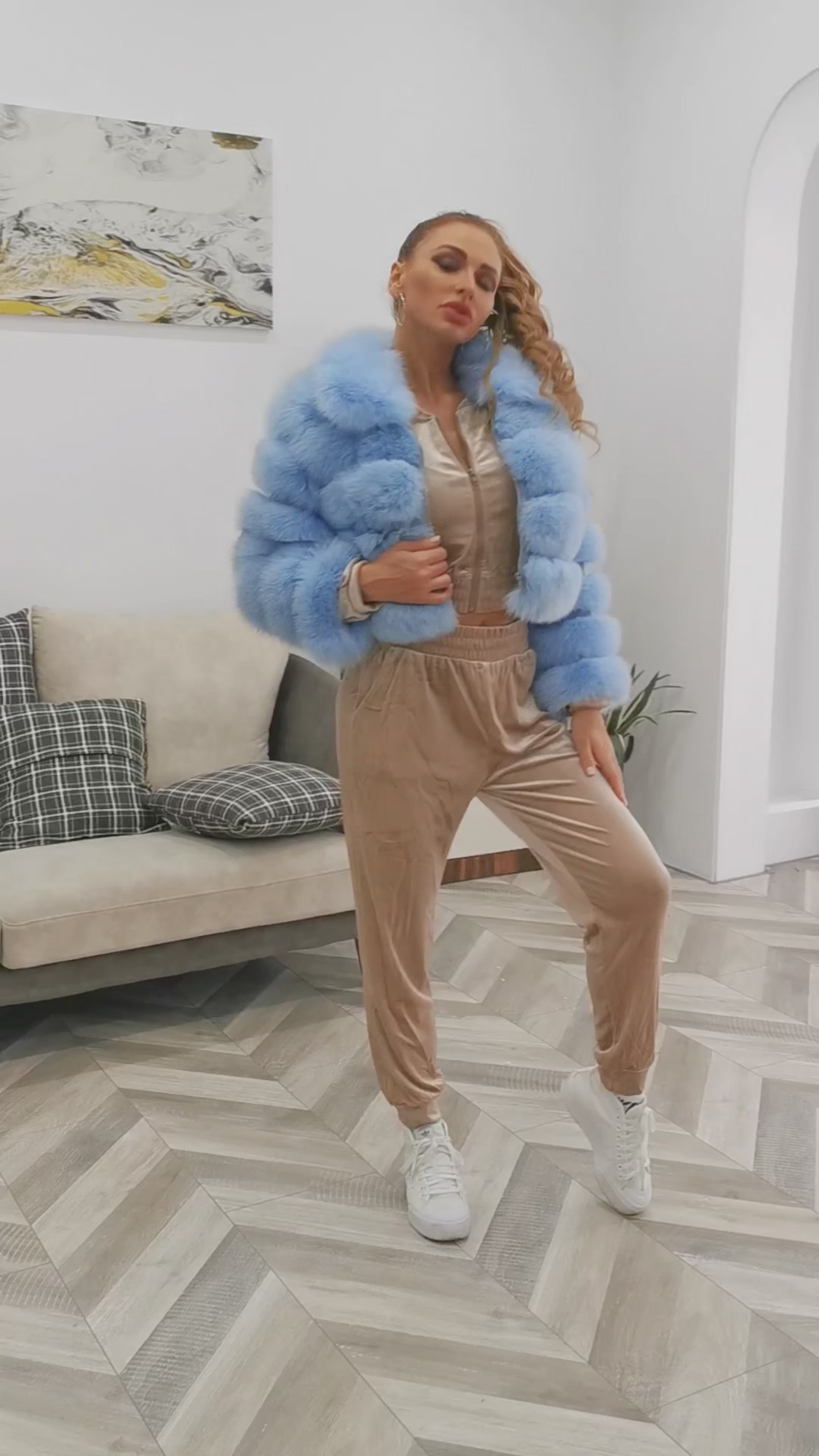 Giacca da donna in pelle di volpe con cerniera corta, collo quadrato, cappotto alla moda soffice