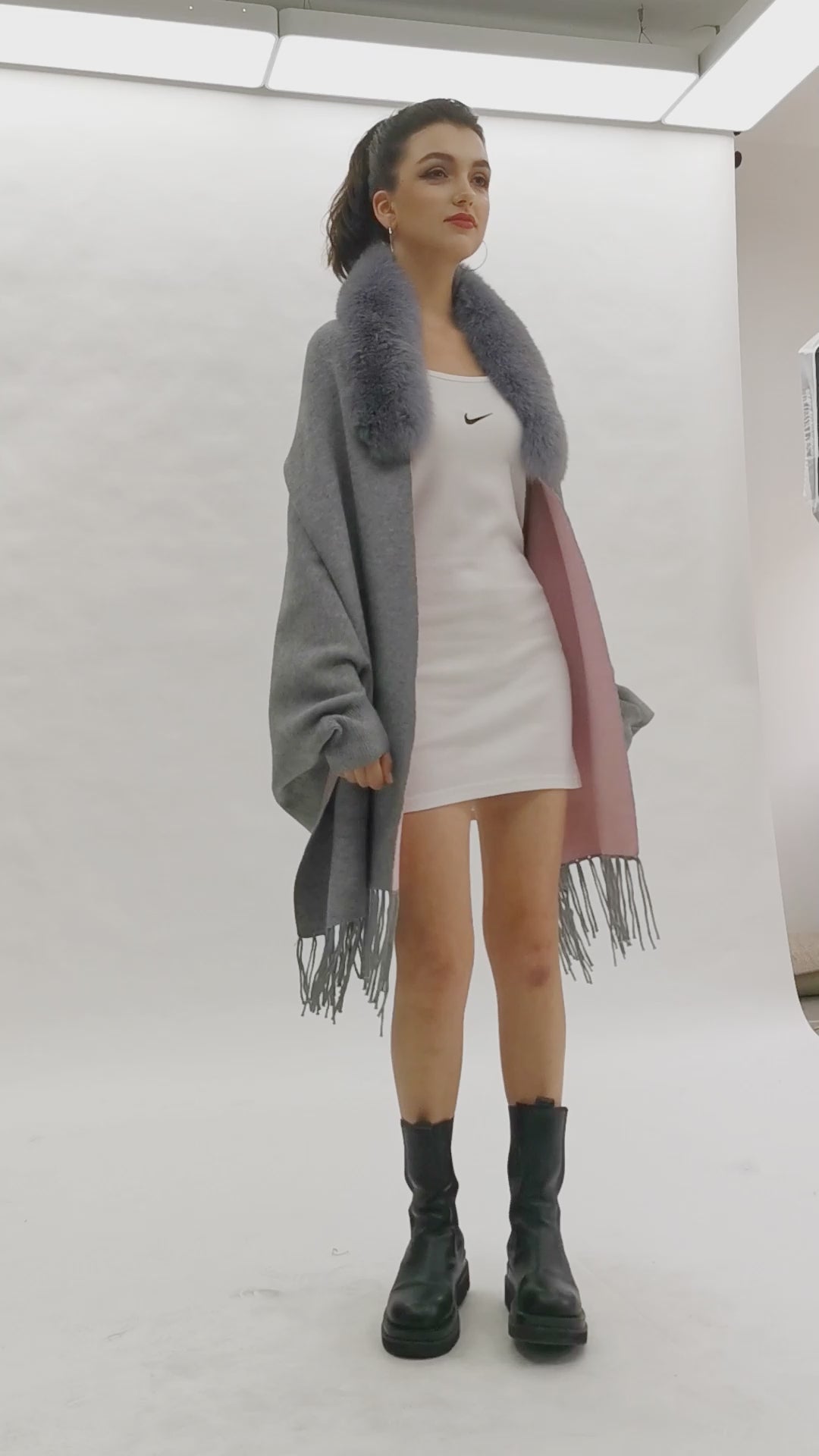 Women's Elegant Shawl with Fur Trim Reversible Two-Tone Cape Ribbed Cuffs Cape