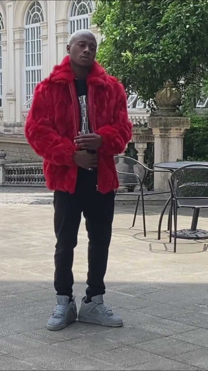 Red Coat Zipper Lapel Windproof Men's Fashion Fox Fur Jacket
