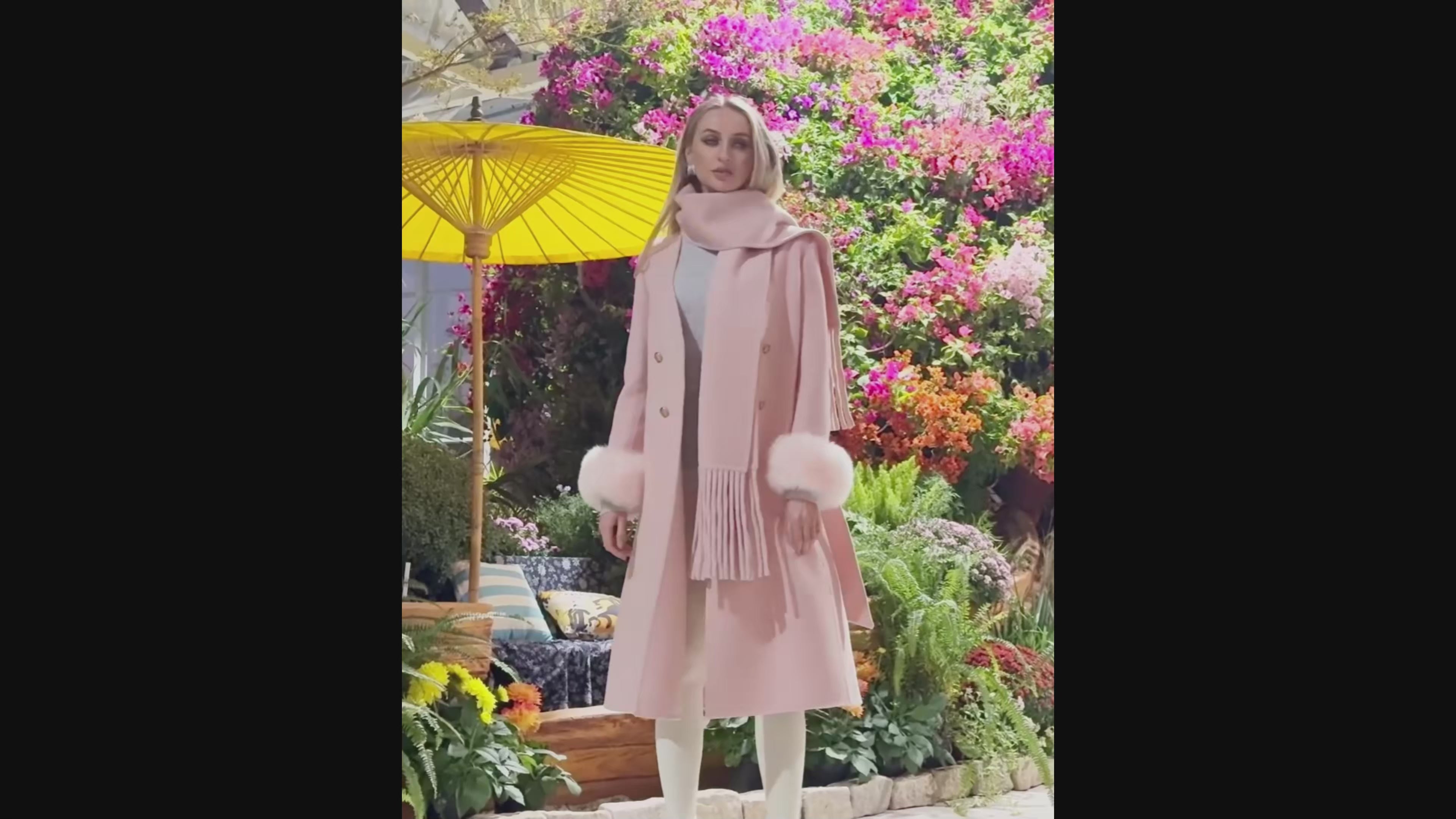 Women’s Pink Double-Faced Wool Coat with Fringed Scarf Collar – Double-Breasted Long Winter Jacket for Elegant Fashion