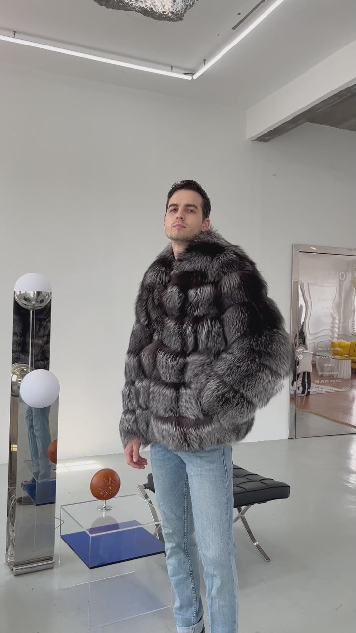 Men's Luxurious 6-Panel Notched Collar Silver Fox Fur Coat - High-End Winter Outerwear