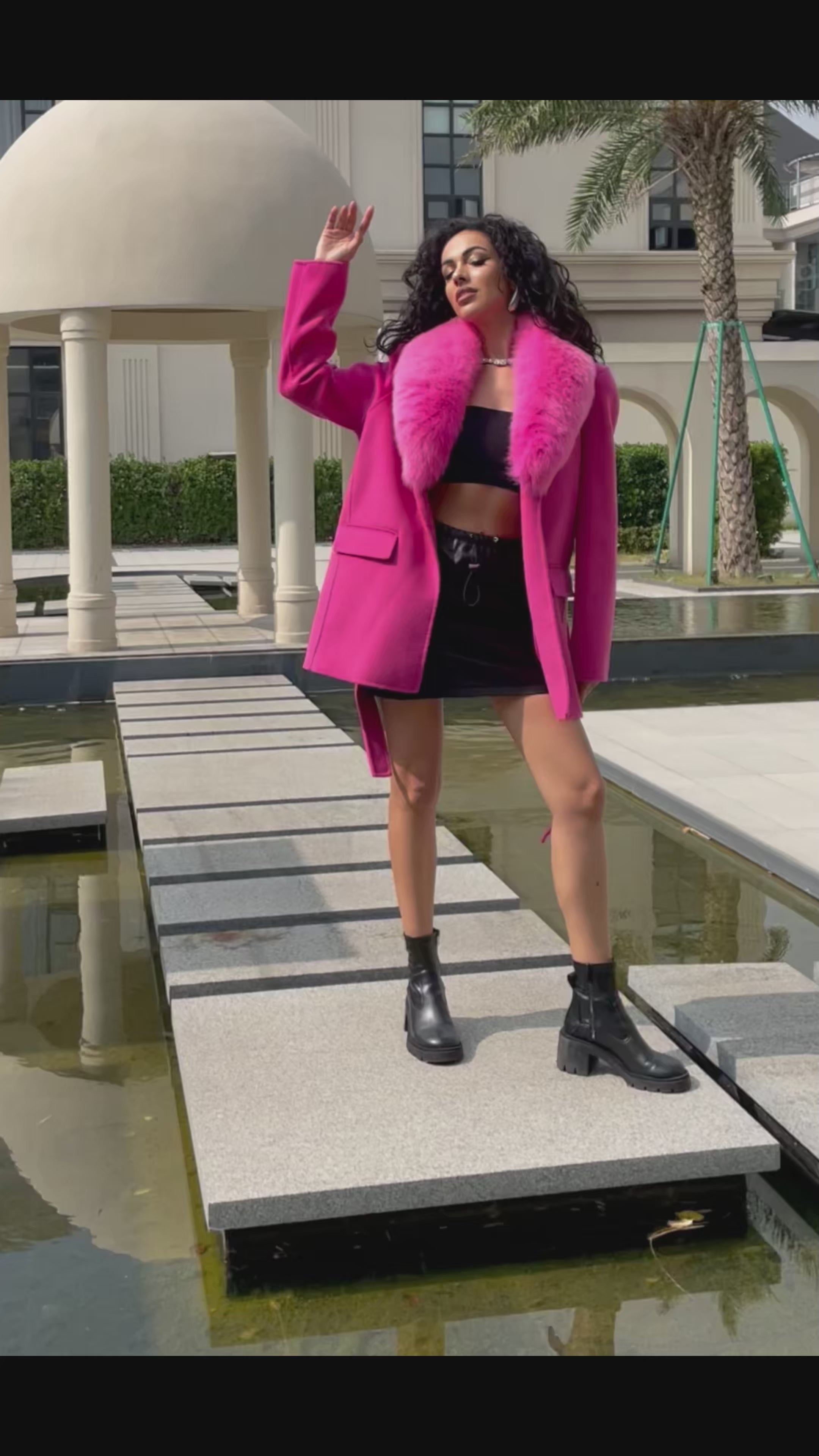 Cashmere Double Faced Coat with Fox Fur Collar, Tie Belt and Shoulder Pads