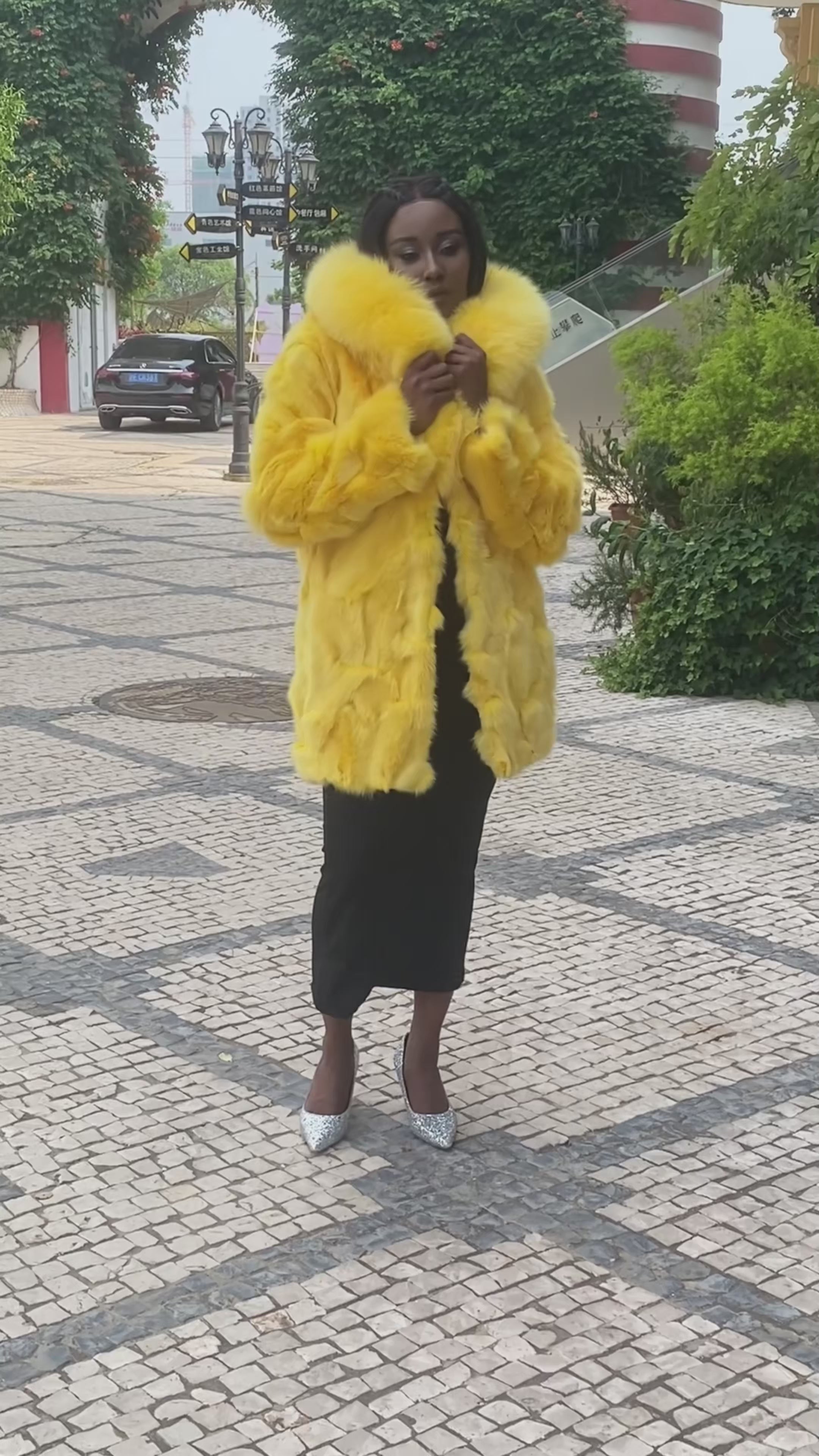 Women's Long Yellow Hooded Fox Fur Coat