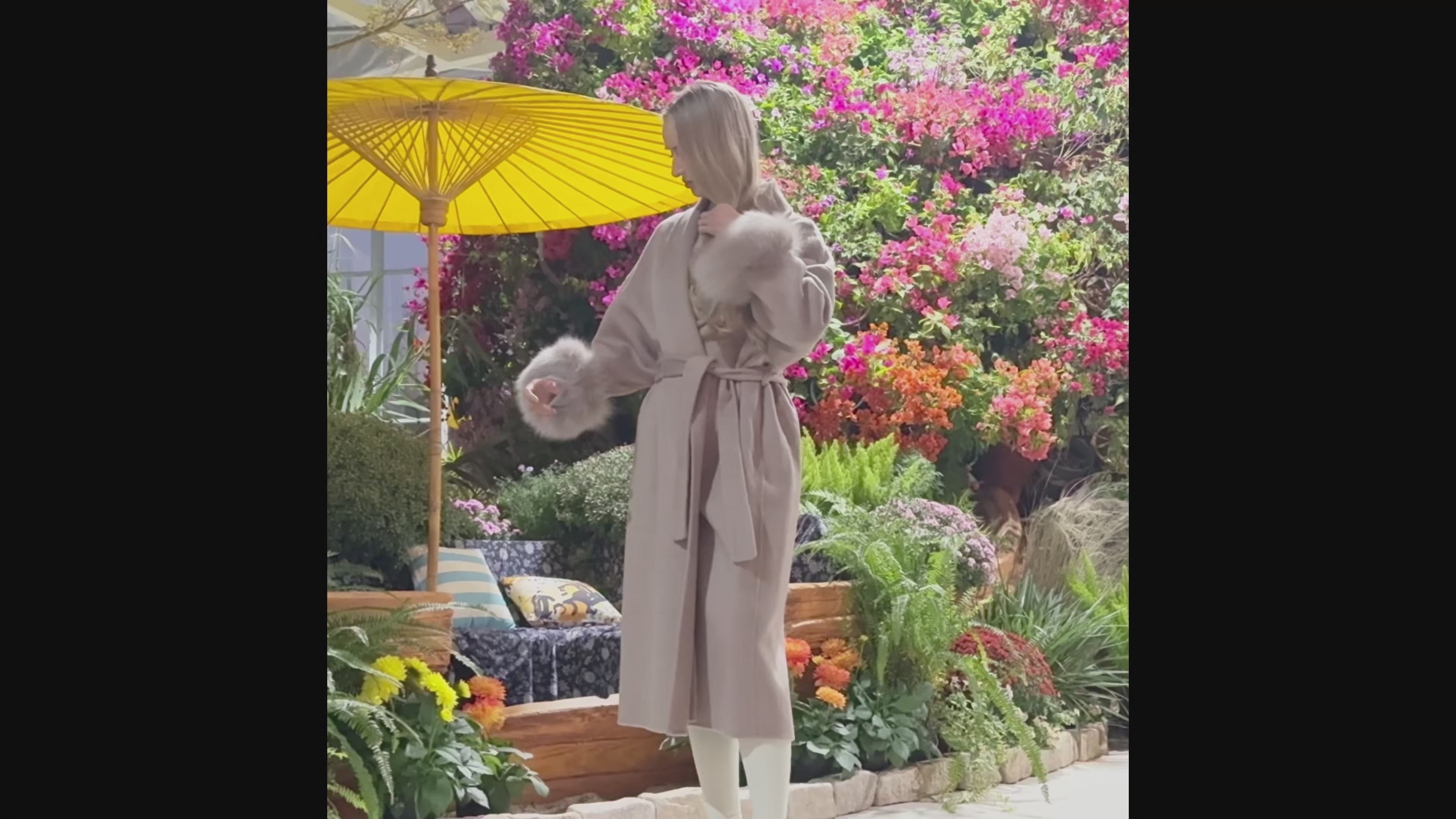 Women’s Beige Double-Faced Wool Wrap Coat with Fox Fur Cuffs – Drop Shoulder Belted Long Winter Jacket for Elegant Fashion