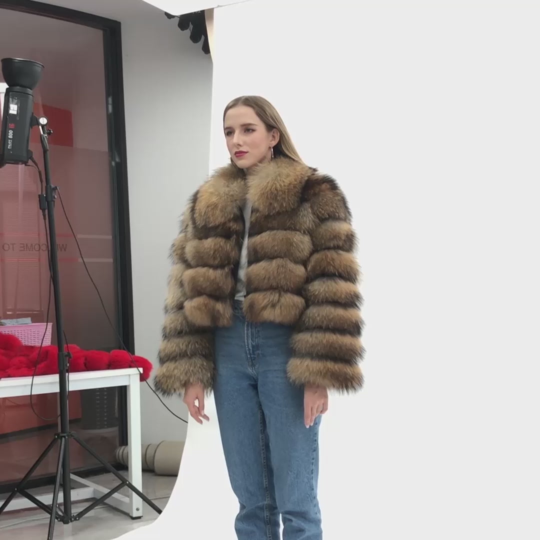 Women's real raccoon fur coat European design warm winter jacket