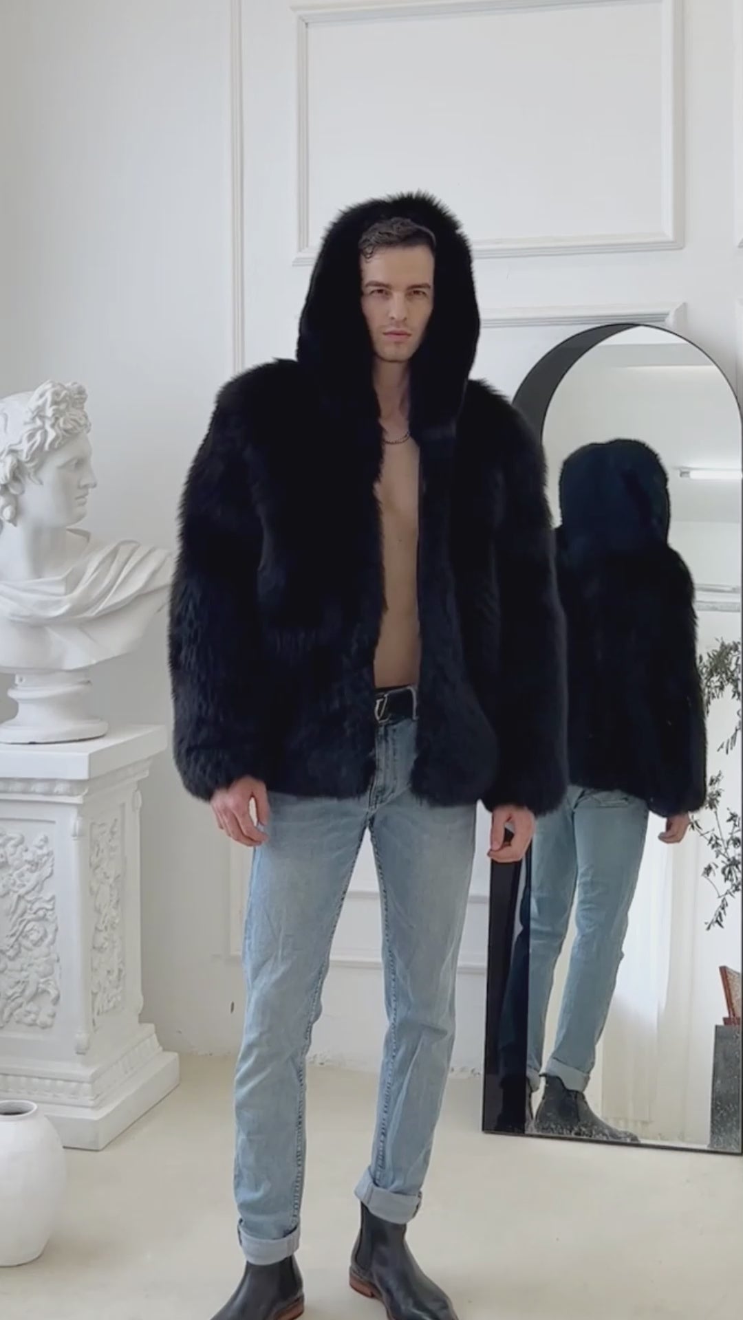 Fashionable Warm Winter Real Fox Fur Thick Jacket Solid Colour Hoodie