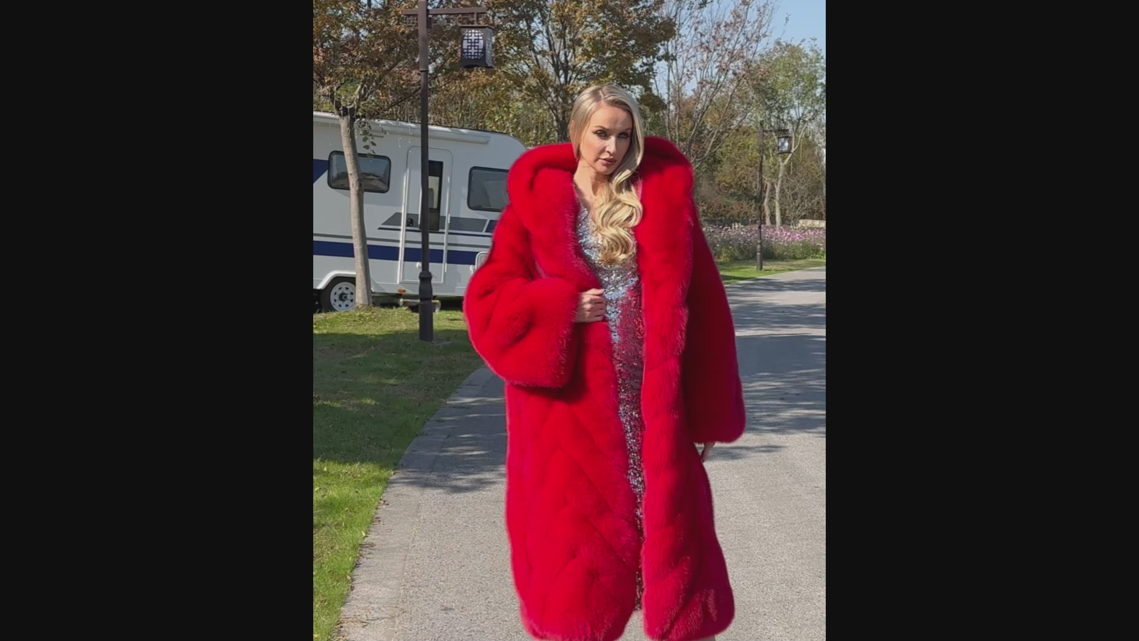 Luxury Red Fox Fur Coat with Hood – Long Chevron Stitched Women’s Winter Fur Jacket