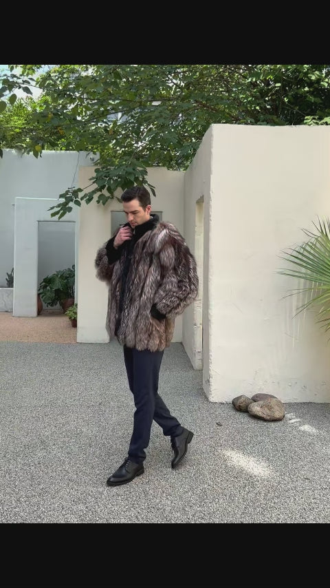 Men's Luxurious Silver Fox Fur Jacket with Mink Placket Detail - High-End Winter Outerwear
