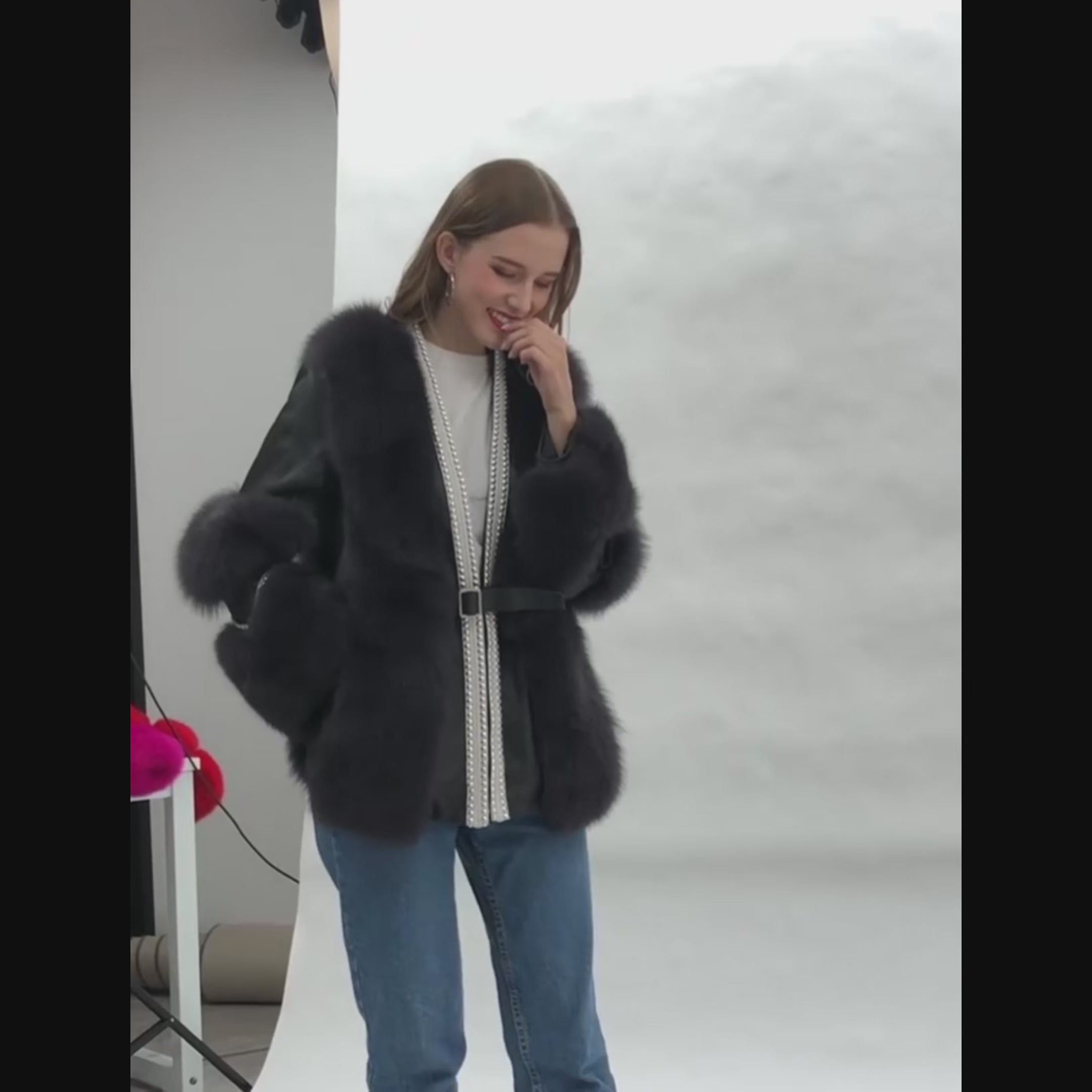 Women's Fox Fur Patchwork Leather Rivet Front Winter Coat