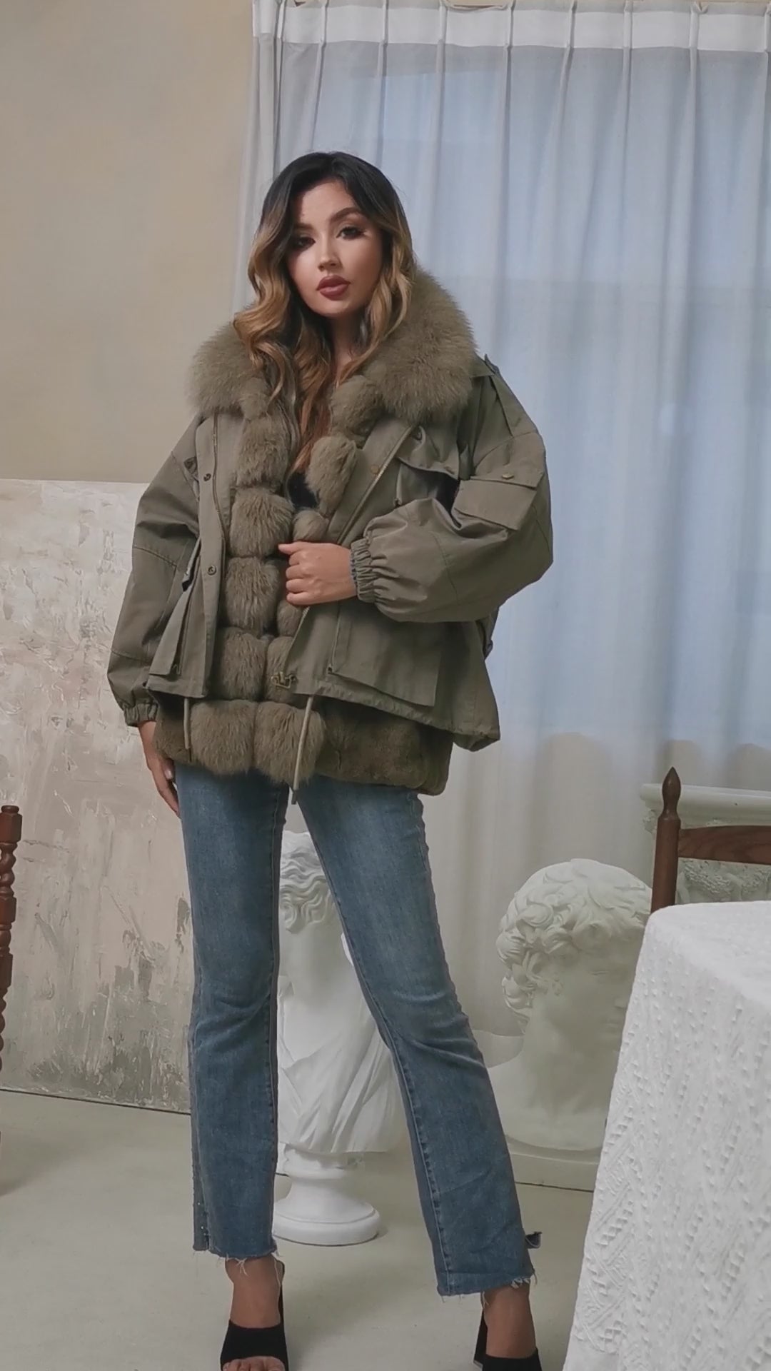 Women's Winter Warm Multi-Pocket Coat Rabbit Fur Tank Fox Placket Parka